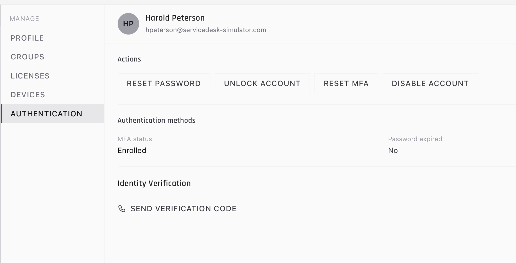 The Authentication tab of a user account in the ServiceDesk Simulator, with Reset Password, Unlock Account, Reset MFA, and Send Verification Code actions