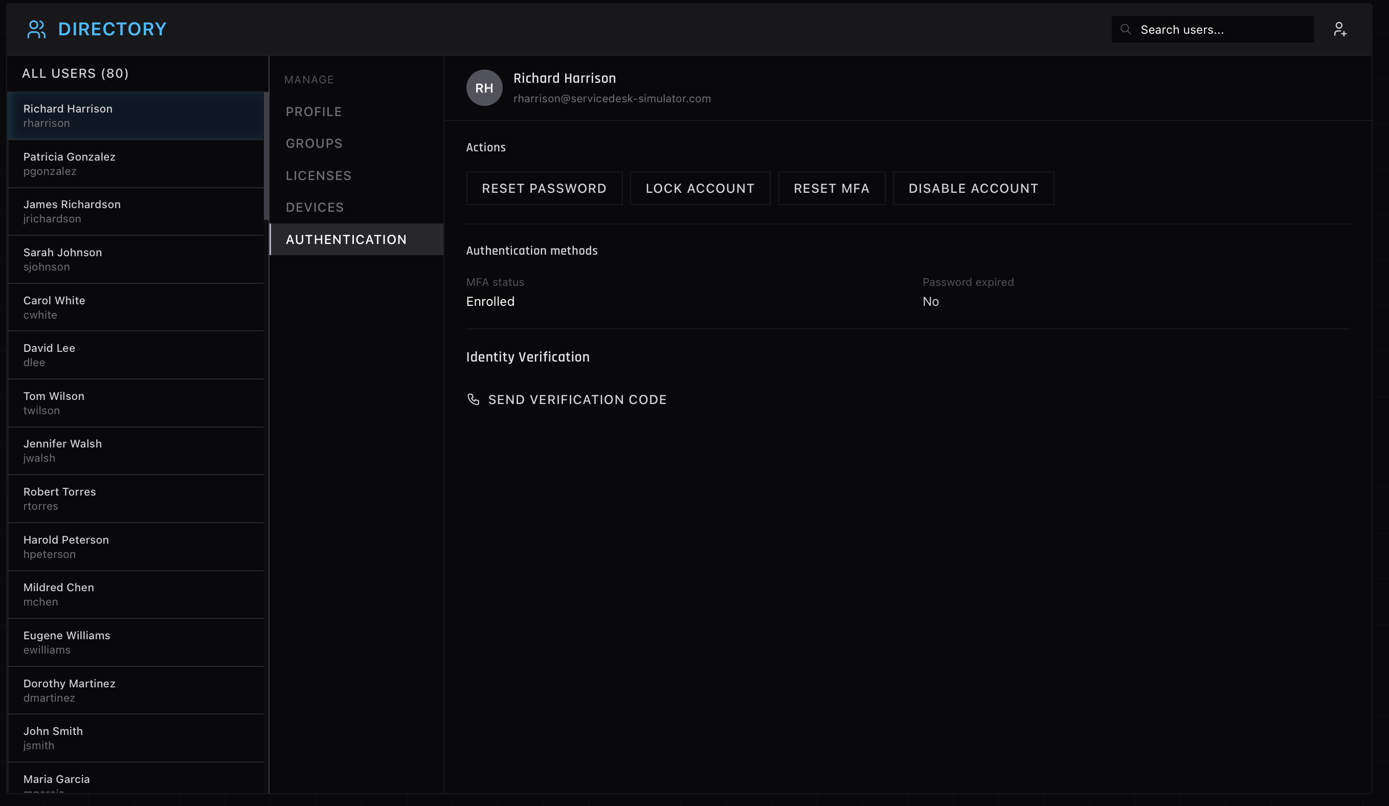 The authentication panel in the ServiceDesk Simulator showing a reset MFA option after identity verification