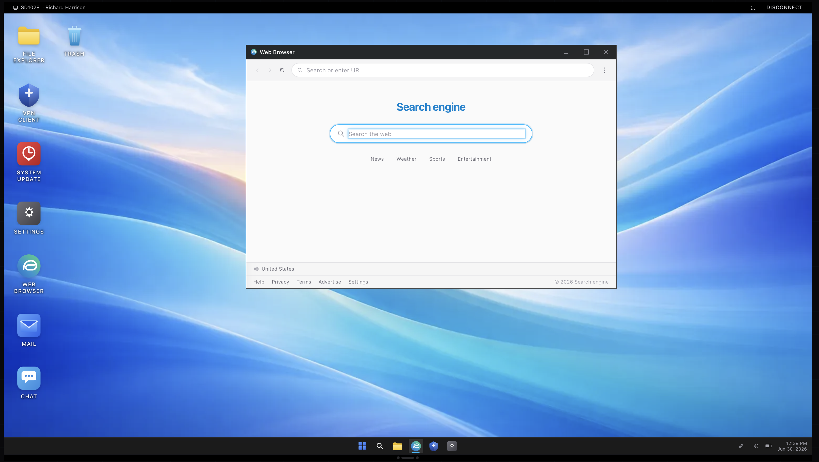 A remote desktop session in the ServiceDesk Simulator showing control of a user's Windows machine