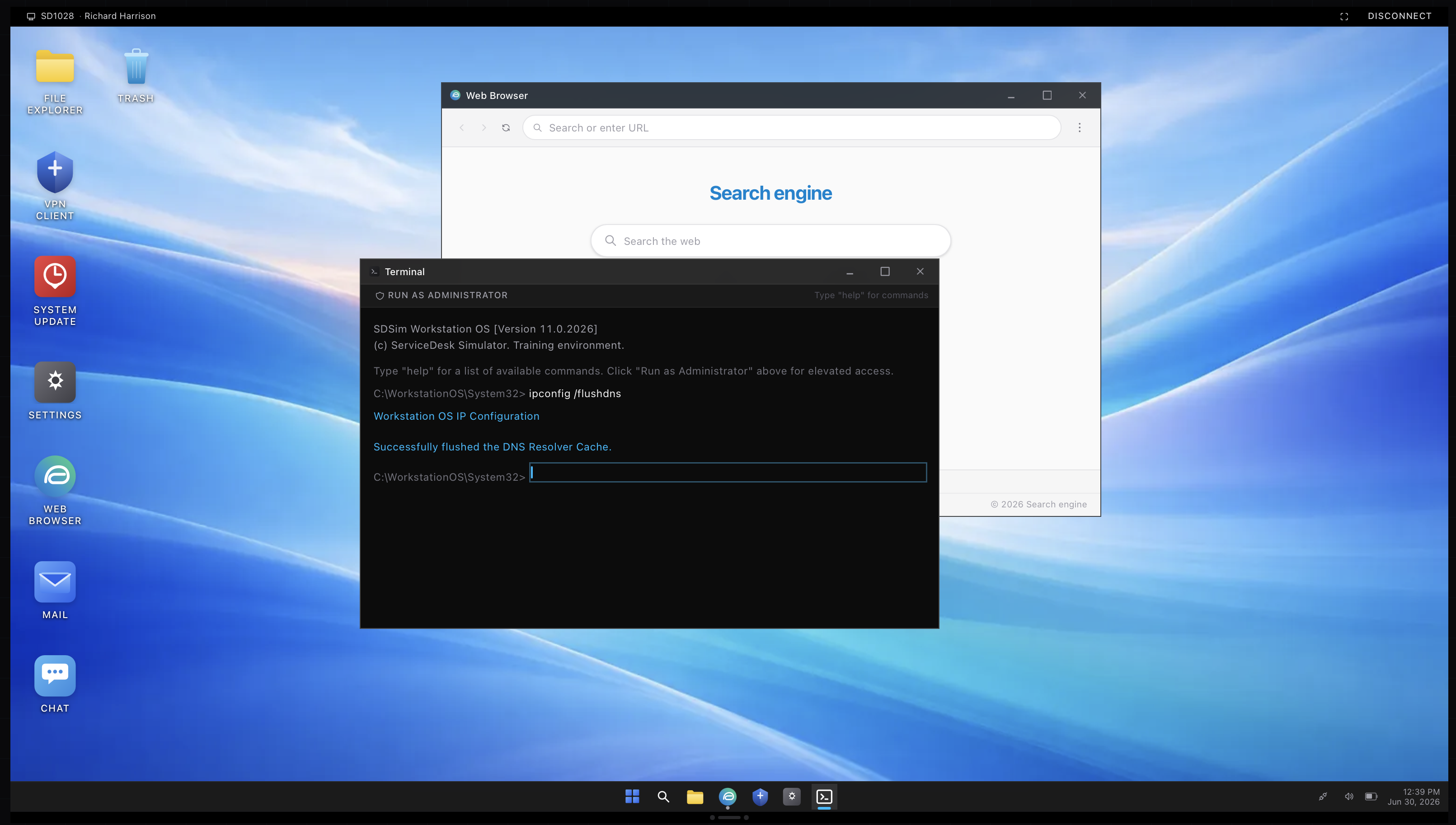 Running ipconfig in the terminal of a remote session in the ServiceDesk Simulator