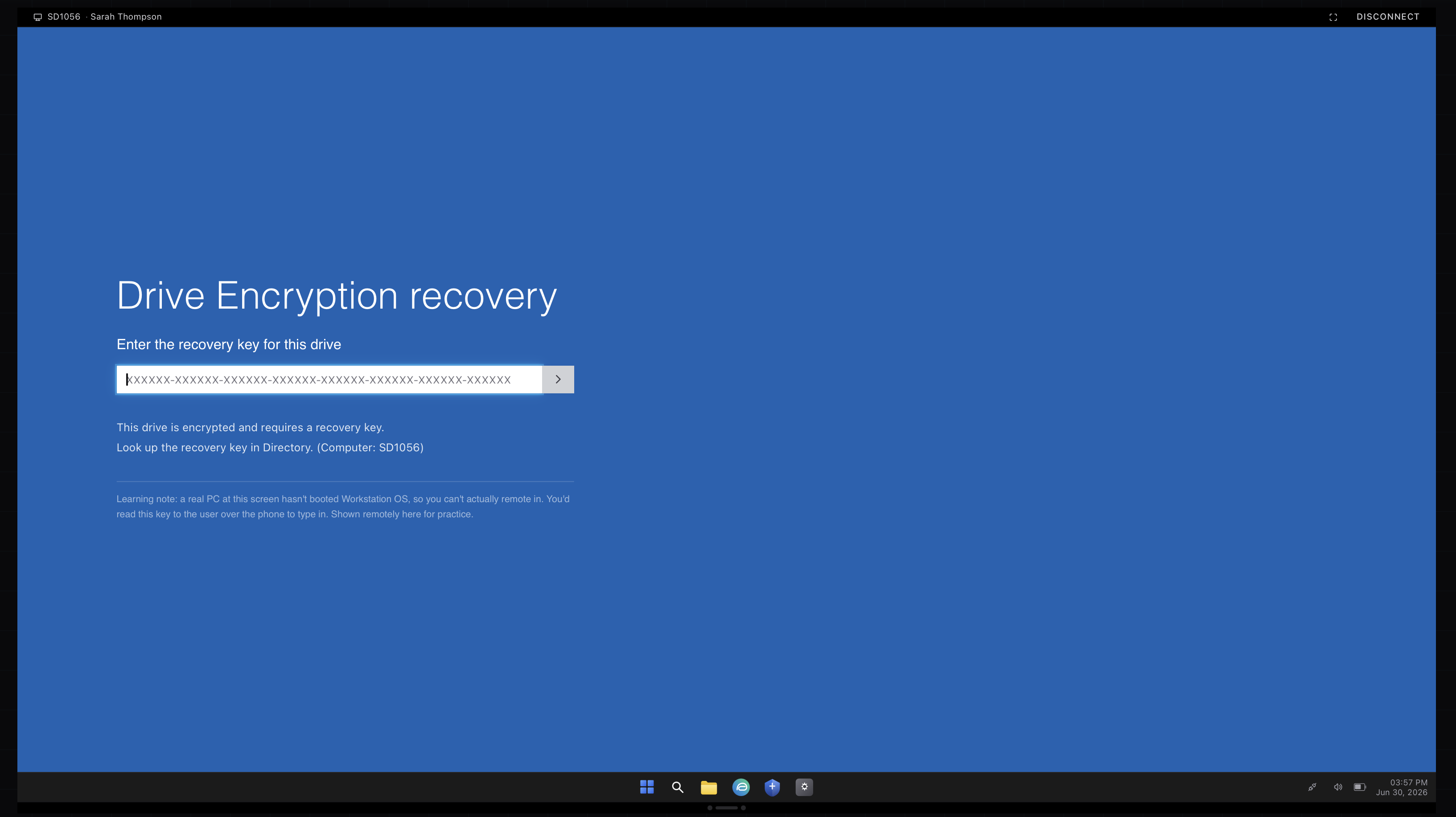 The drive encryption recovery screen asking for a recovery key in the ServiceDesk Simulator