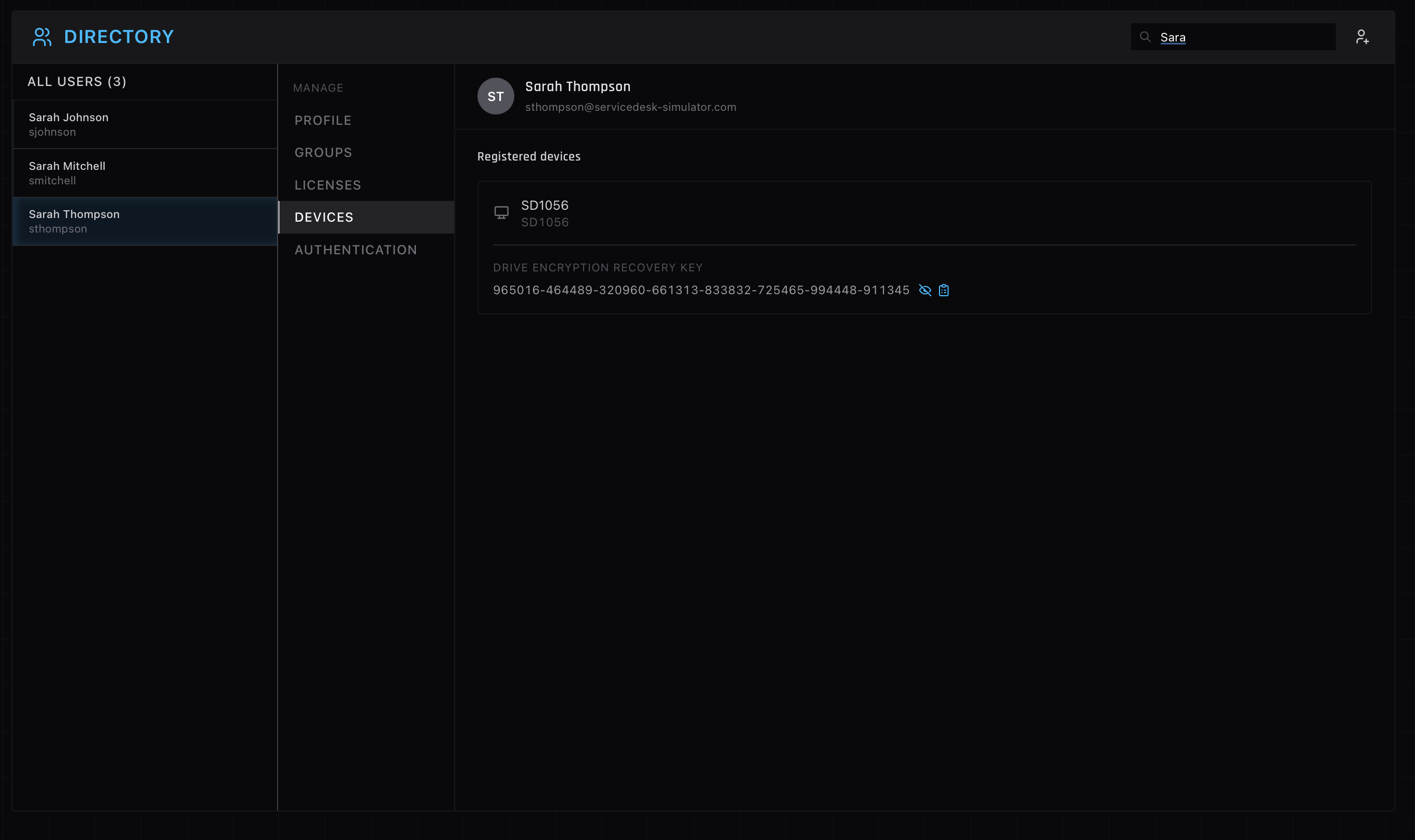 A BitLocker recovery key shown in the directory panel of the ServiceDesk Simulator