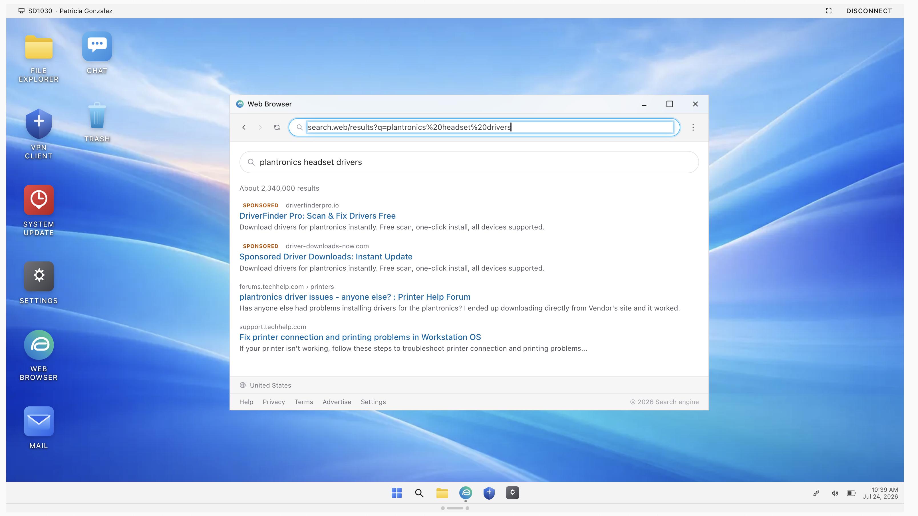 A web browser open on a remote PC in ServiceDesk Simulator, showing a search results page