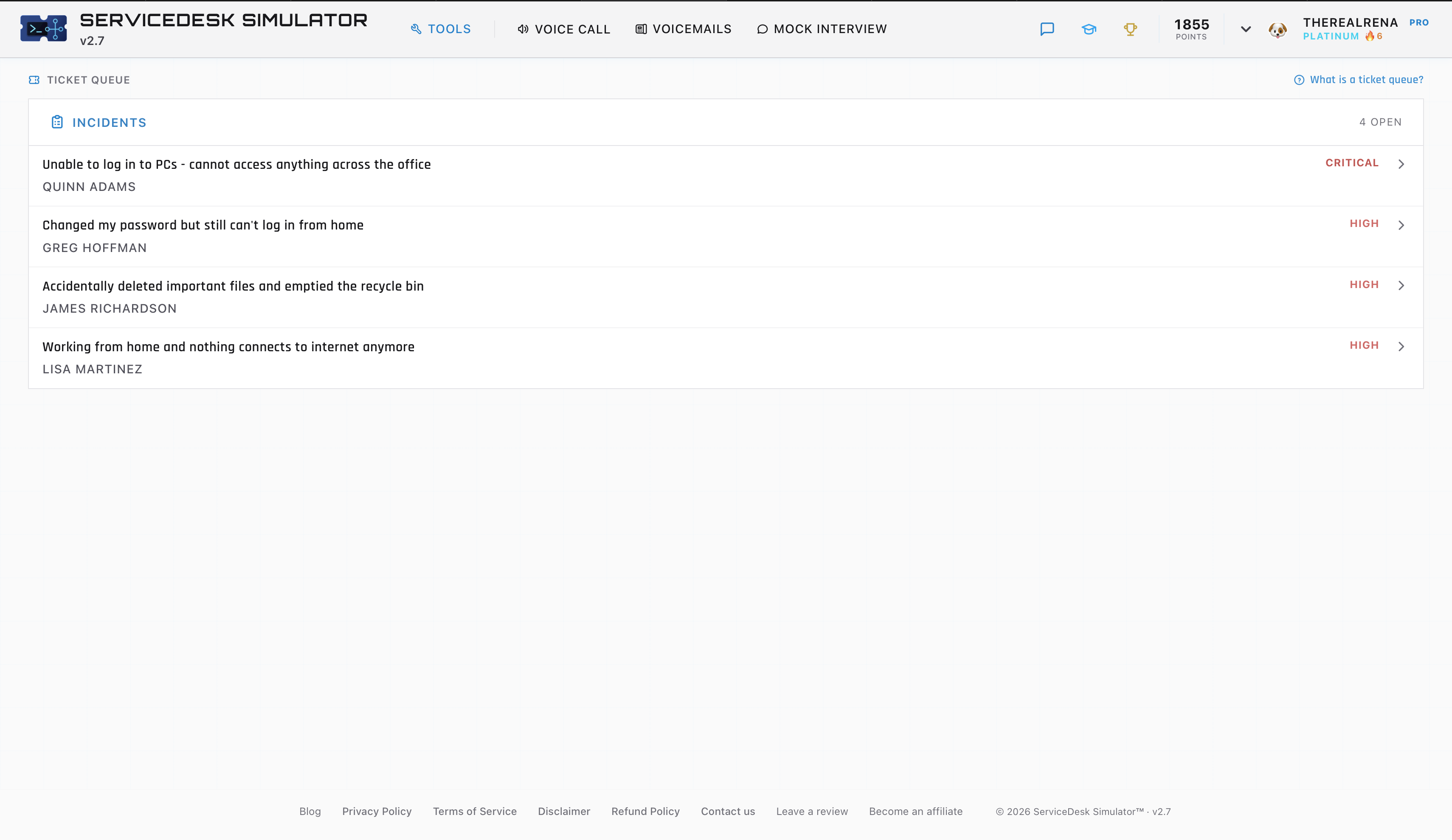 The ServiceDesk Simulator dashboard showing a live ticket queue, points, and support tier