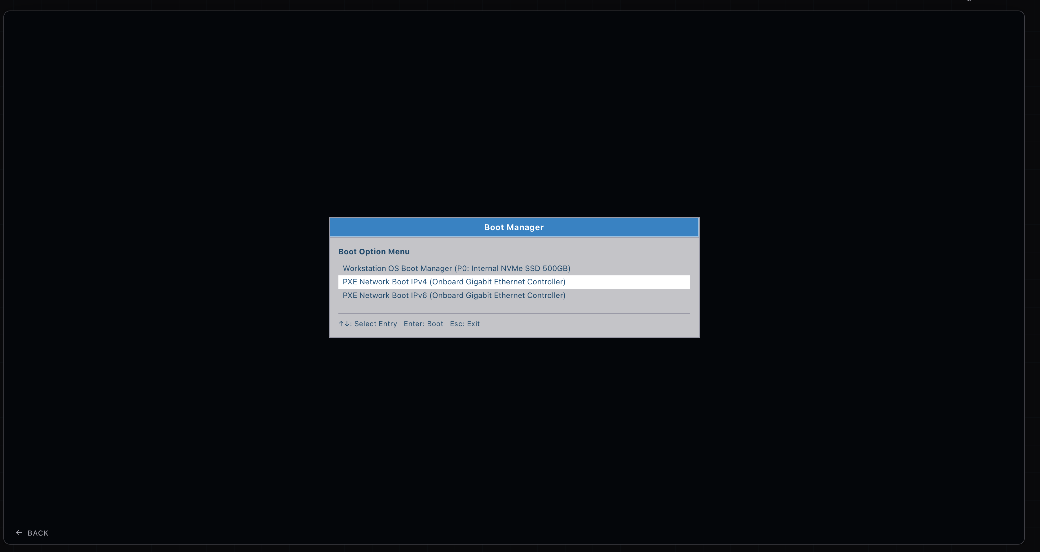 A boot manager menu with a PXE network boot option selected in the ServiceDesk Simulator