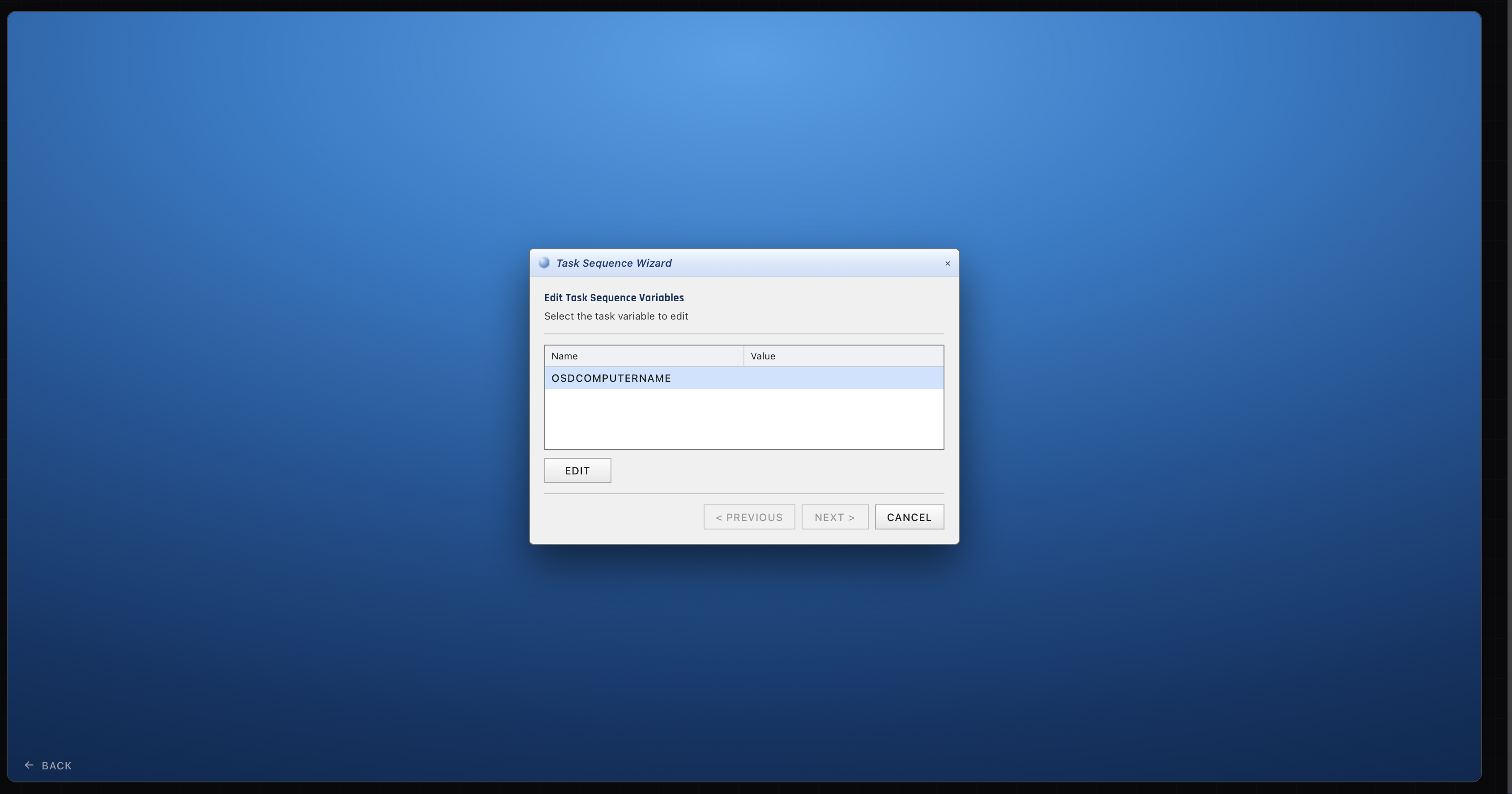 A task sequence wizard editing deployment variables in the ServiceDesk Simulator