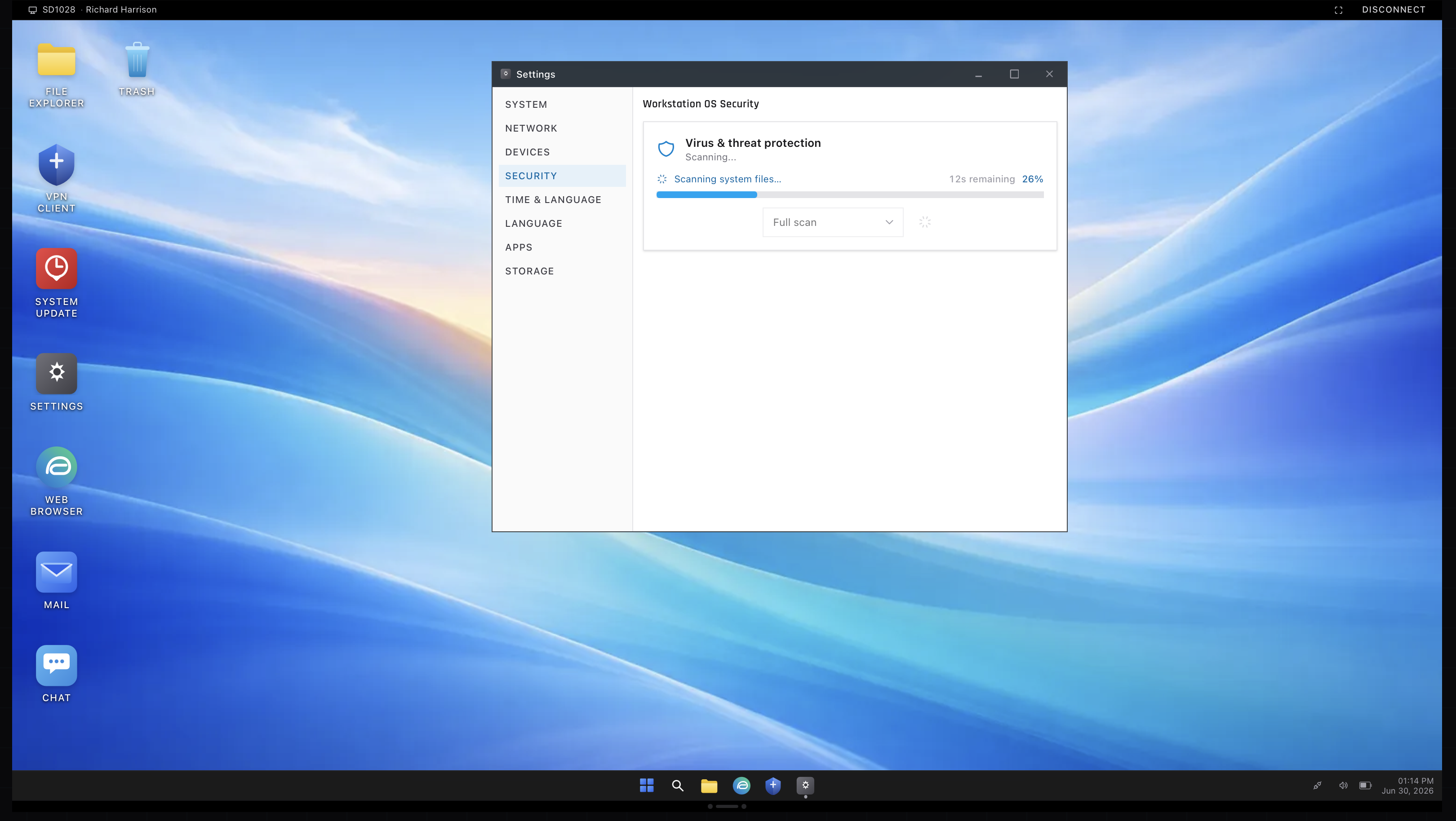 Disk cleanup and security tools in a remote desktop session in the ServiceDesk Simulator