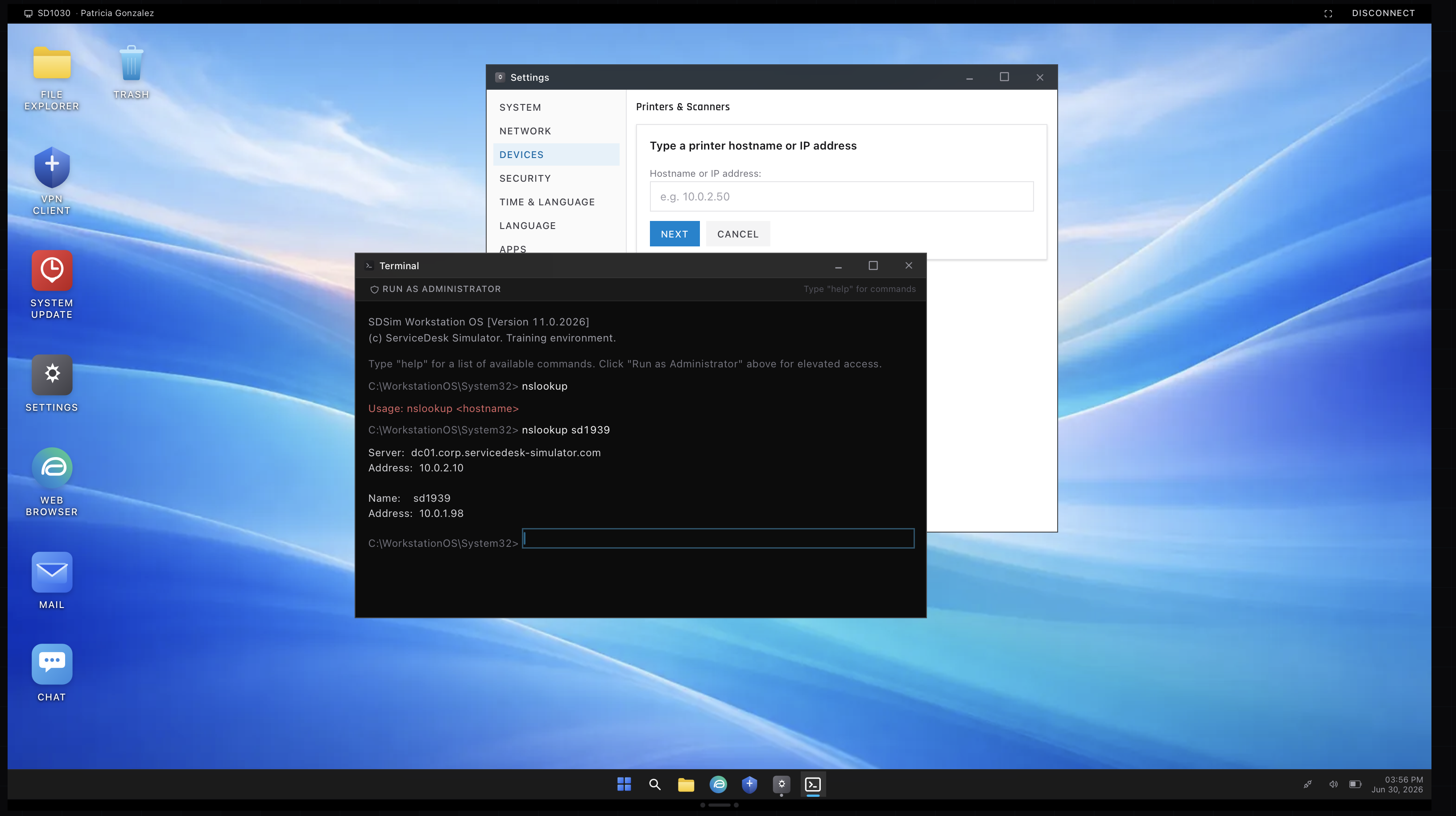 Running a DNS lookup in the terminal of the ServiceDesk Simulator