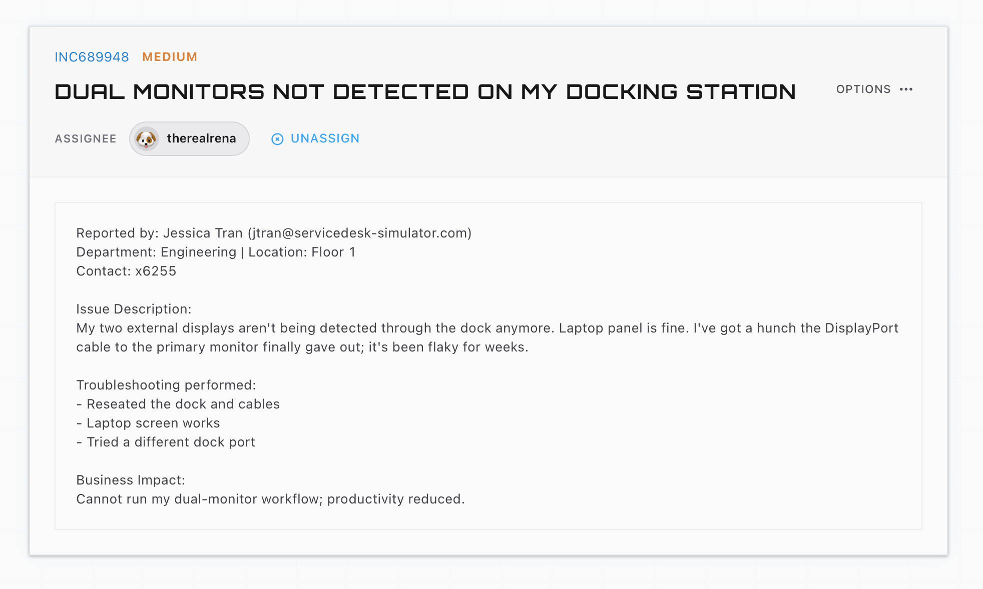 A docking station ticket in the ServiceDesk Simulator: dual monitors not detected through the dock, with the user's troubleshooting steps and business impact