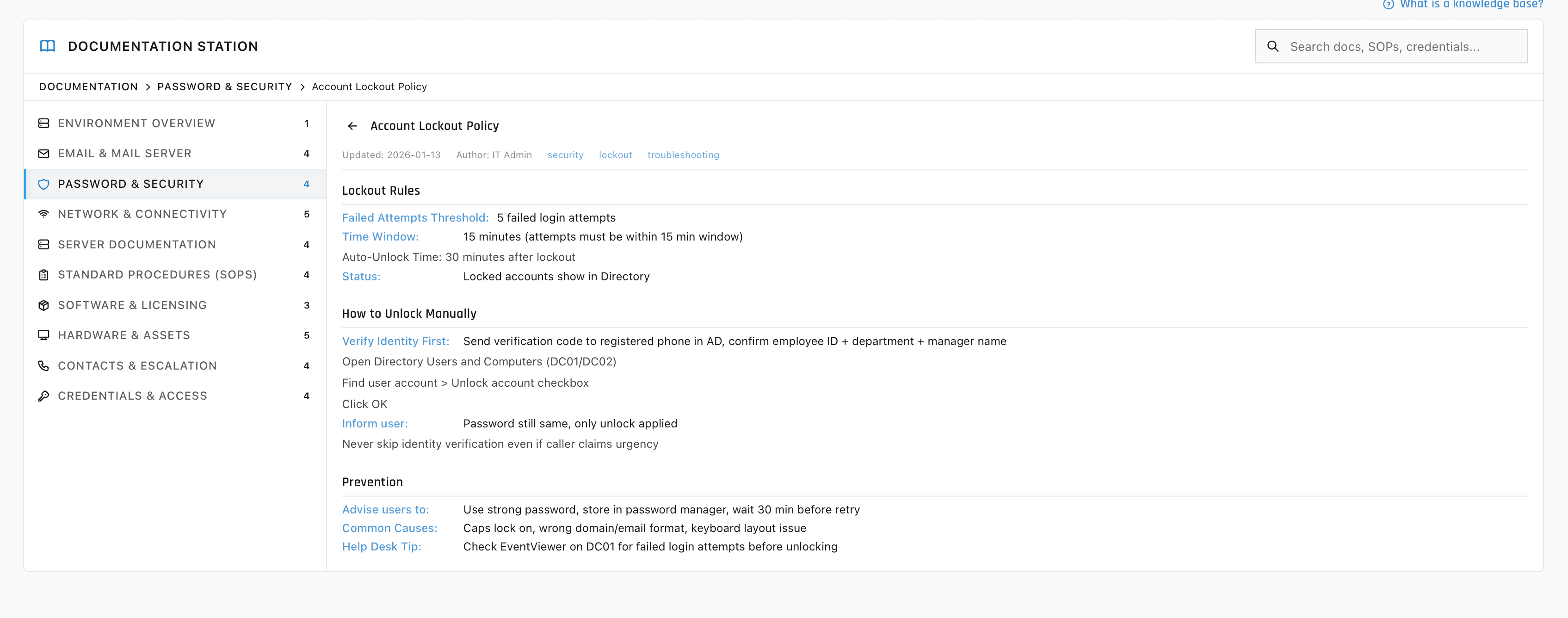 The Documentation Station in ServiceDesk Simulator showing an Account Lockout Policy article with unlock steps