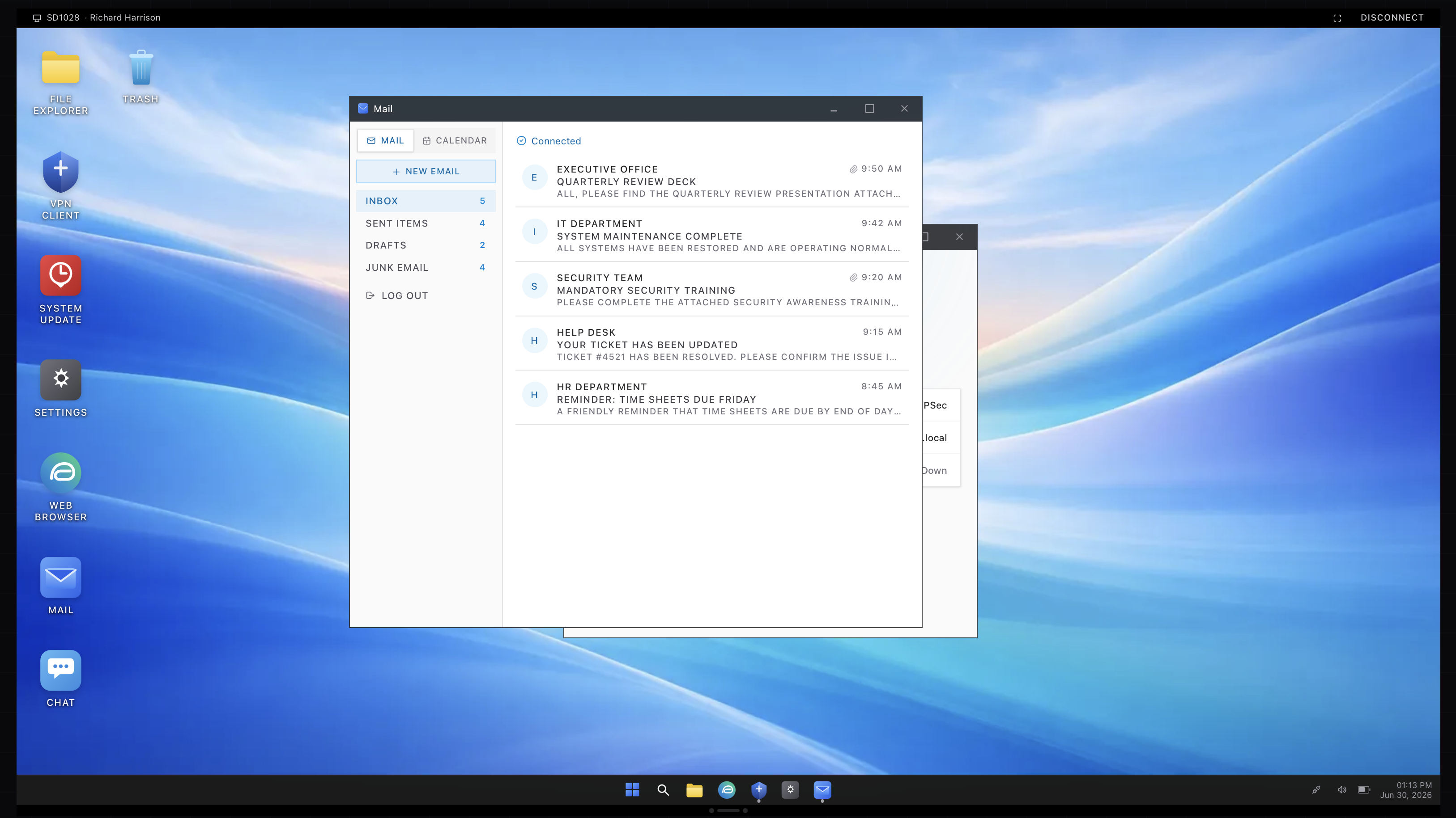 The mail application in a remote desktop session in the ServiceDesk Simulator