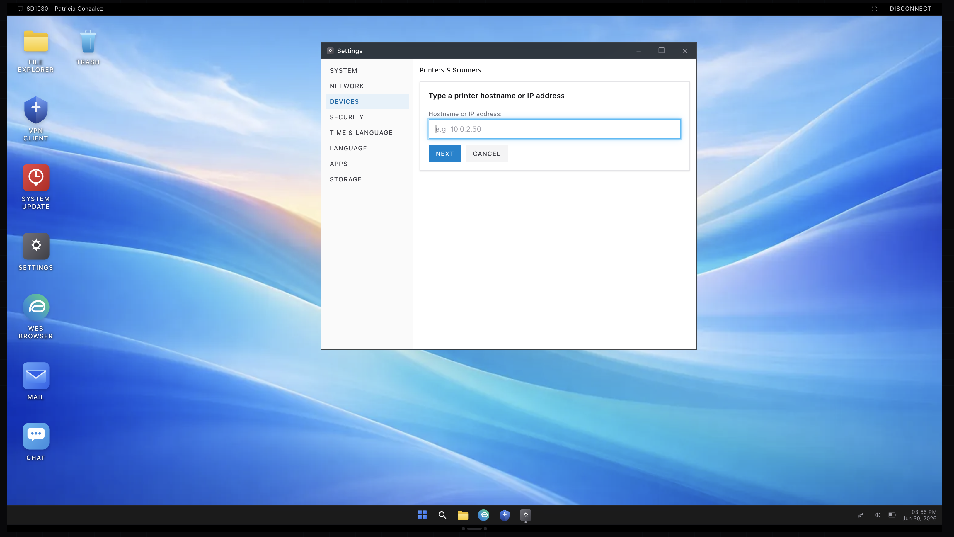 Adding a printer by IP address in the settings of the ServiceDesk Simulator