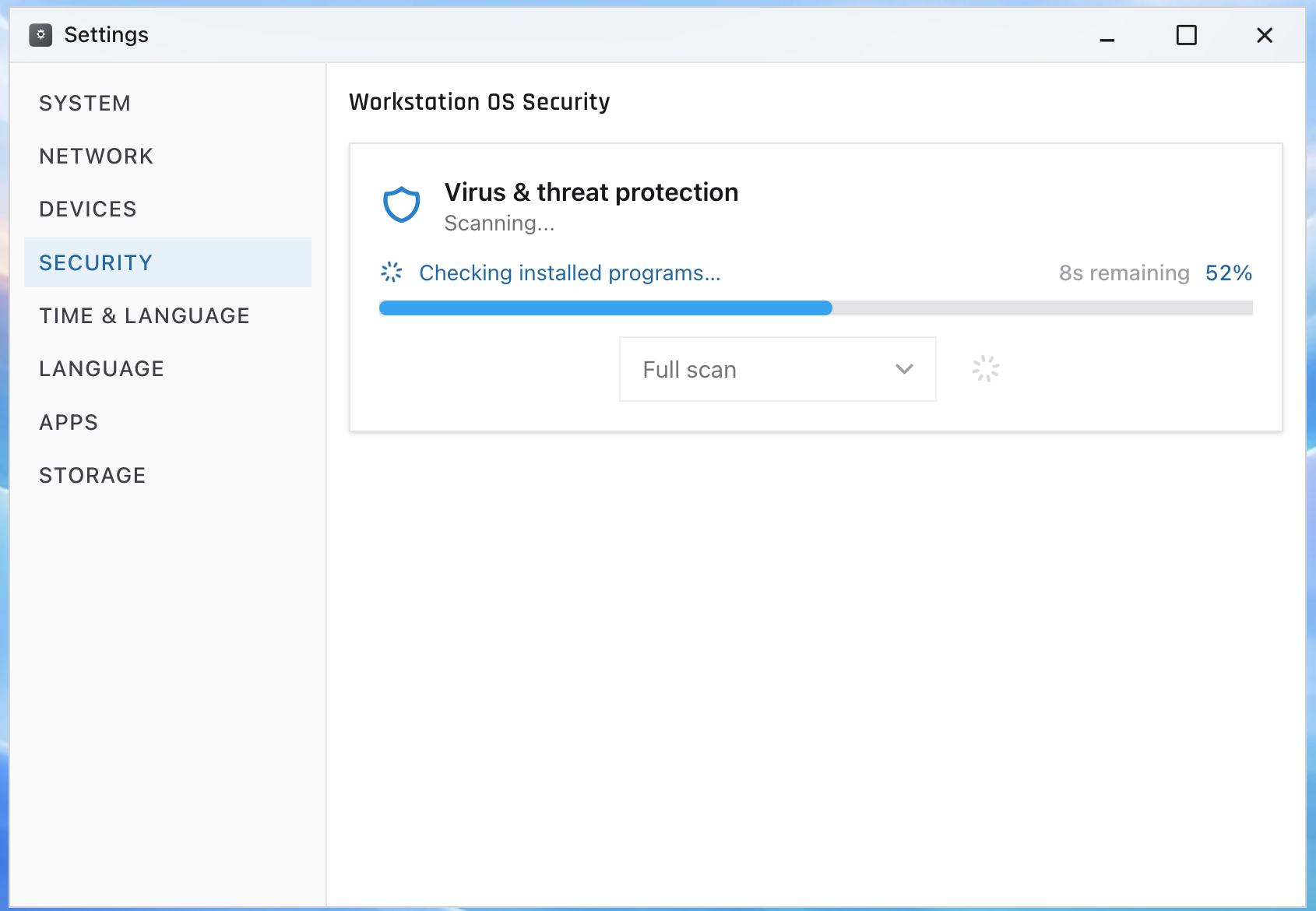 A full virus and threat protection scan running on a workstation in the ServiceDesk Simulator