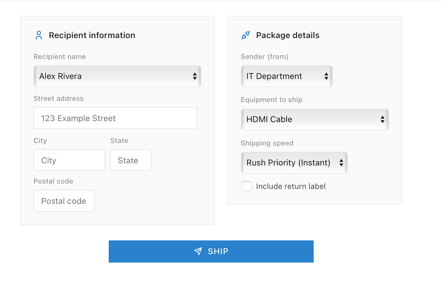 Shipping a laptop to an employee in the ServiceDesk Simulator with the asset and destination selected