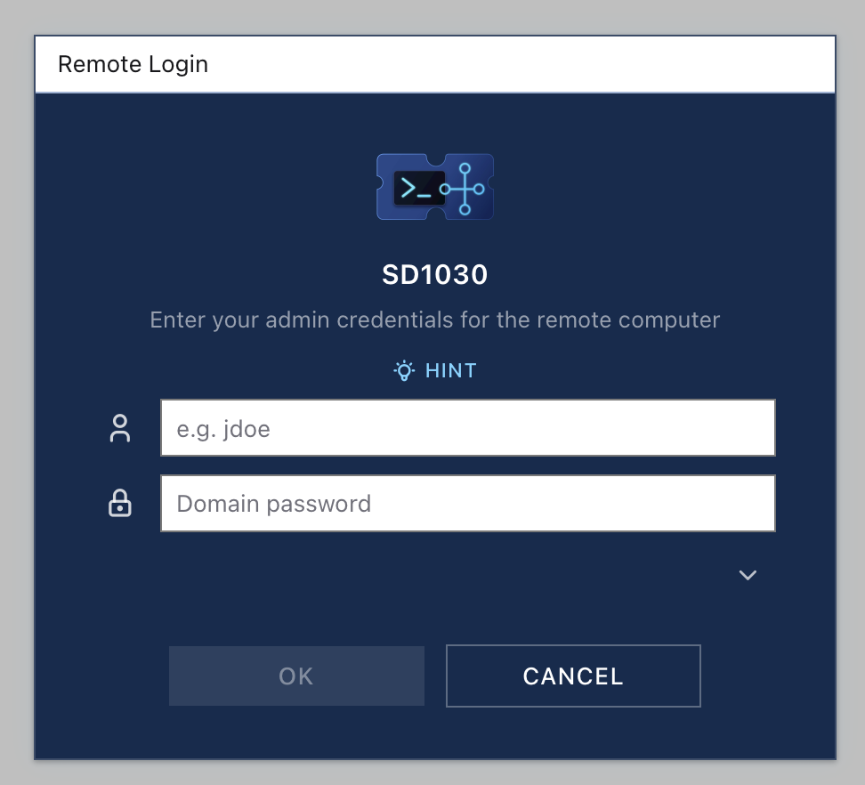 The remote domain sign-in prompt in ServiceDesk Simulator asking for a username and domain password