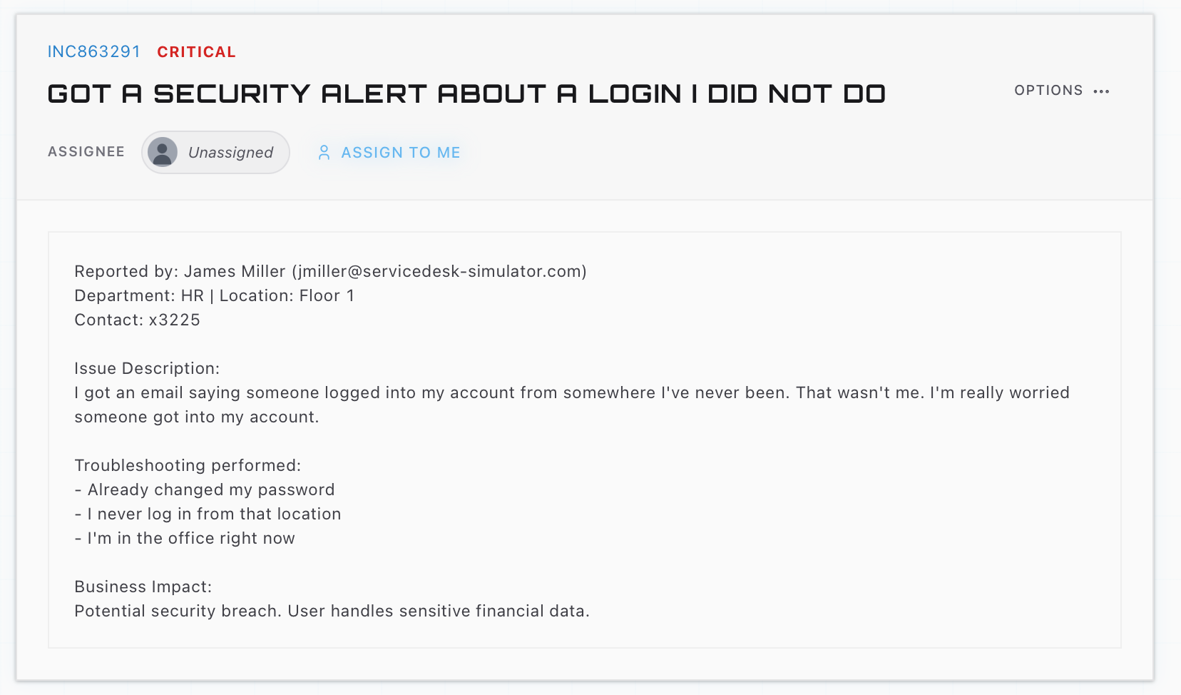 A critical-priority ticket in the ServiceDesk Simulator reporting a security alert about a login the user did not perform