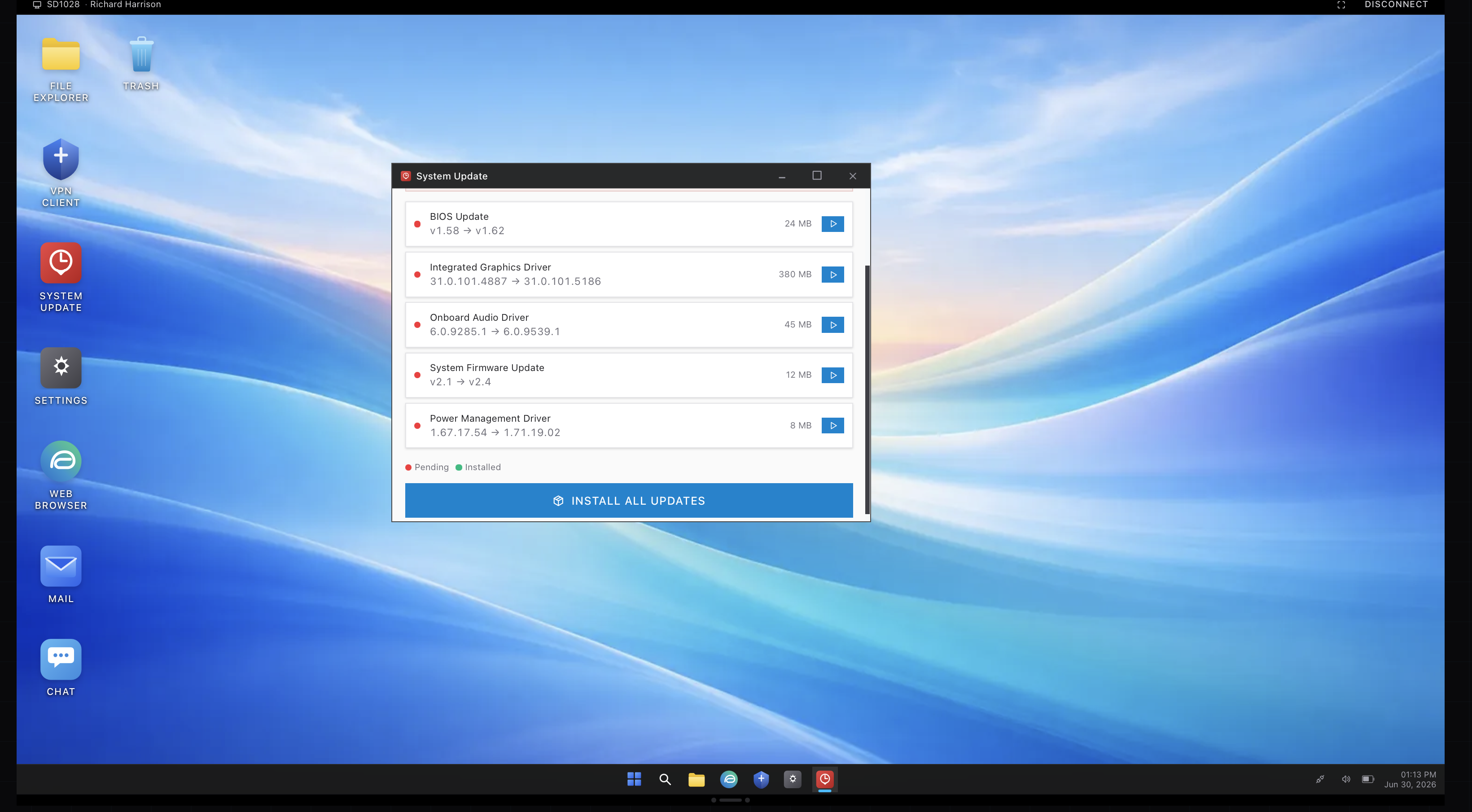 The system update screen in a remote desktop session in the ServiceDesk Simulator