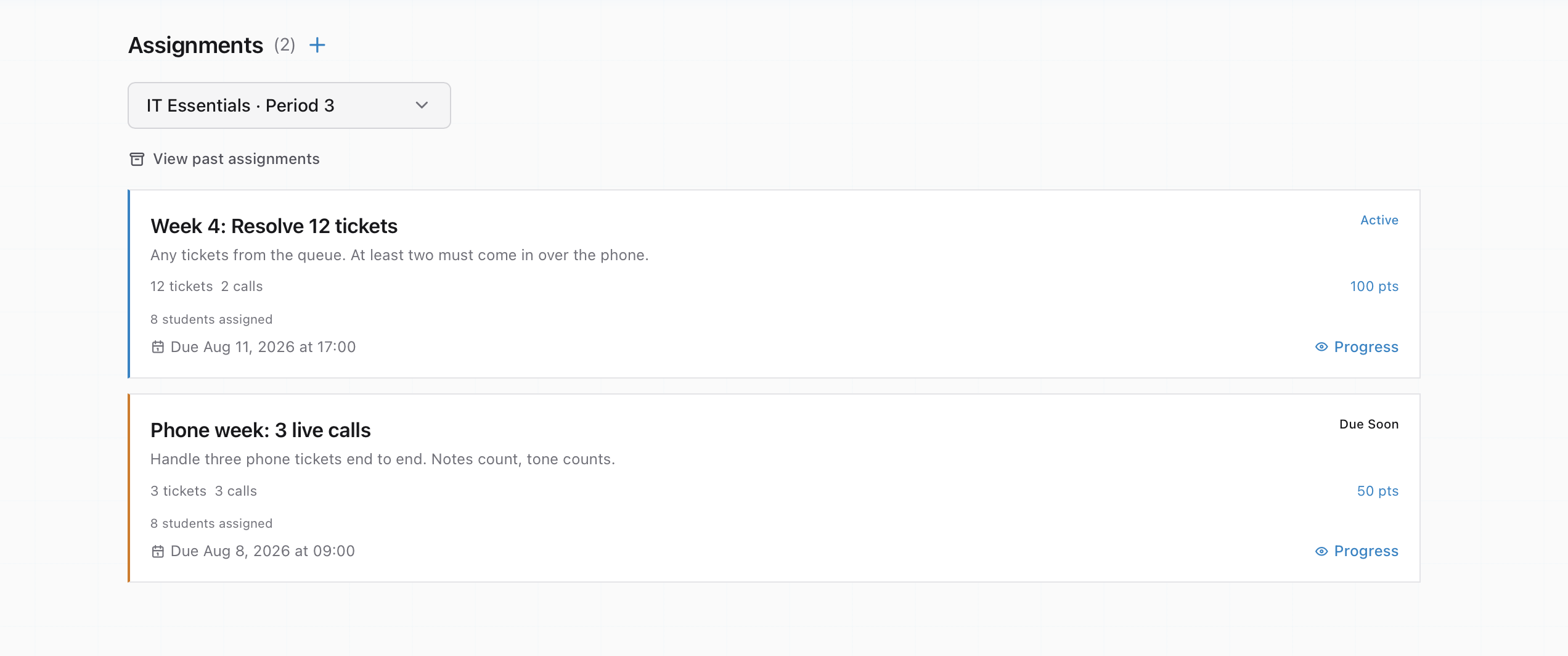The Assignments tab showing two assignment cards, one active and one due soon, each with ticket and call requirements, points, and a due date