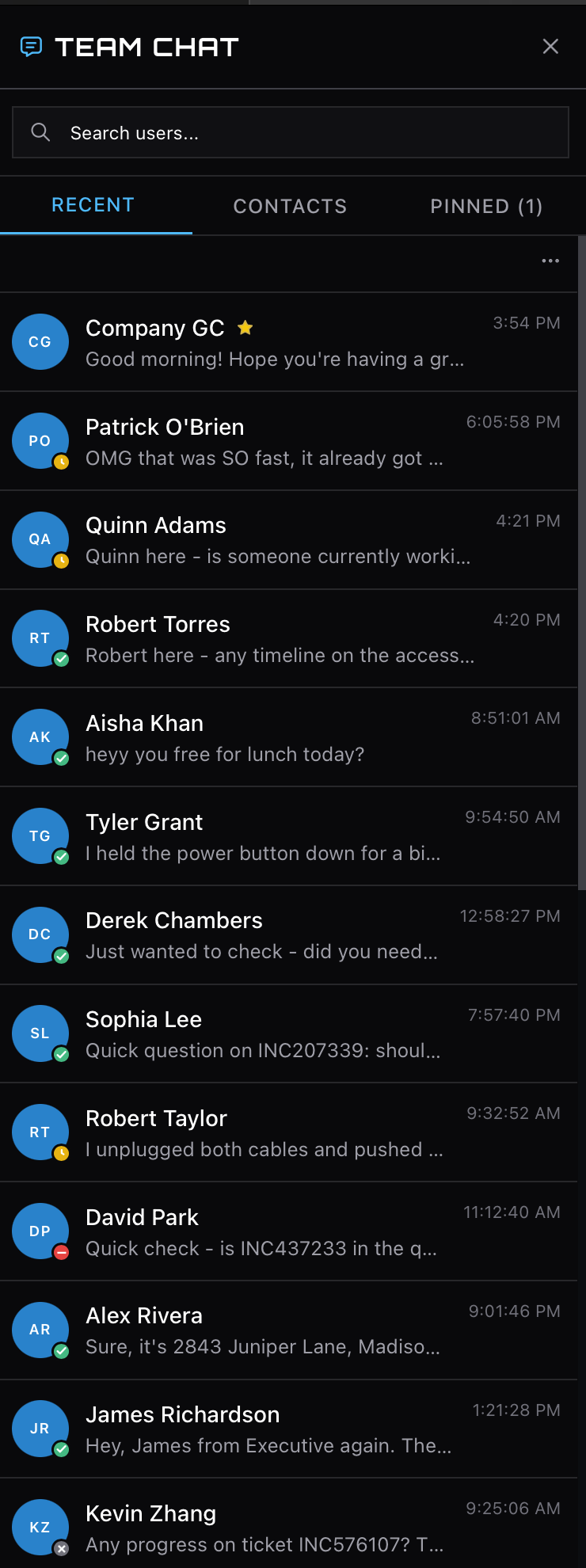The Teams-style chat panel in the ServiceDesk Simulator