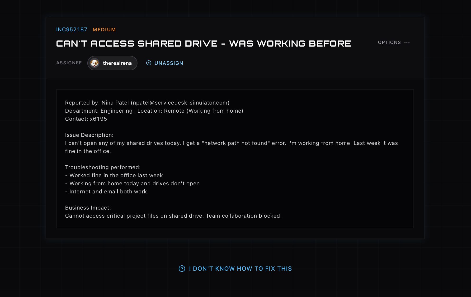 A single open ticket showing the reporter, description, troubleshooting steps, and business impact in the ServiceDesk Simulator