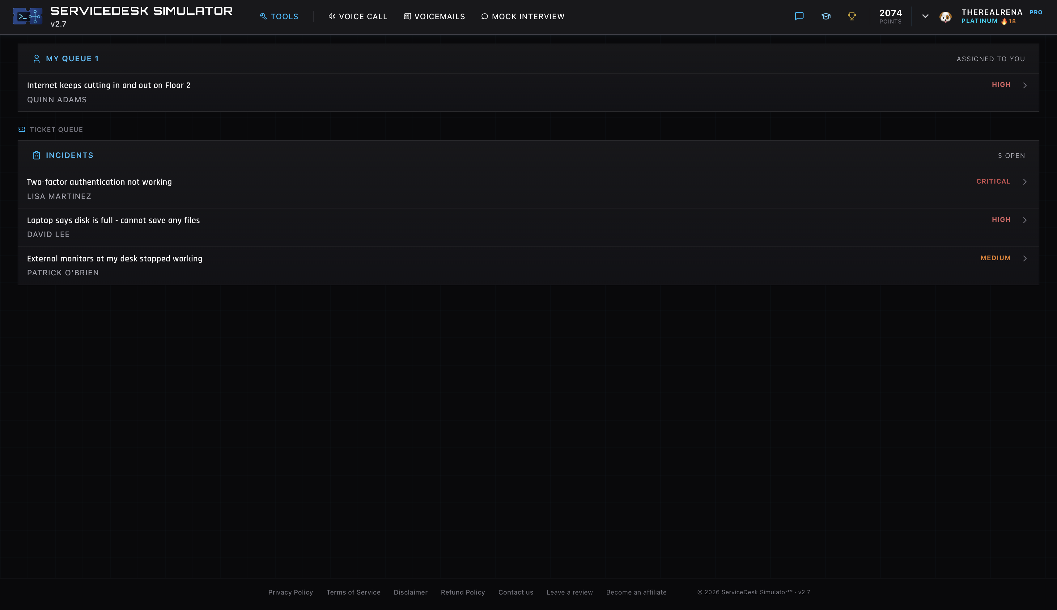 The ticket queue in the ServiceDesk Simulator showing incidents by priority