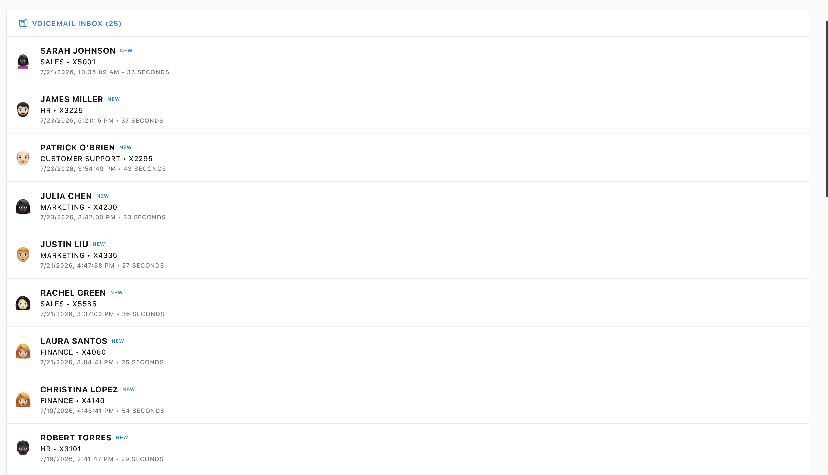 The voicemail inbox in the ServiceDesk Simulator showing a queue of missed-call recordings with caller name, department, extension, and message length