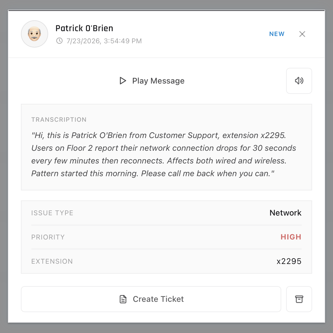 A voicemail playback view in the ServiceDesk Simulator showing the transcription, issue type, priority, and callback extension with a Create Ticket button
