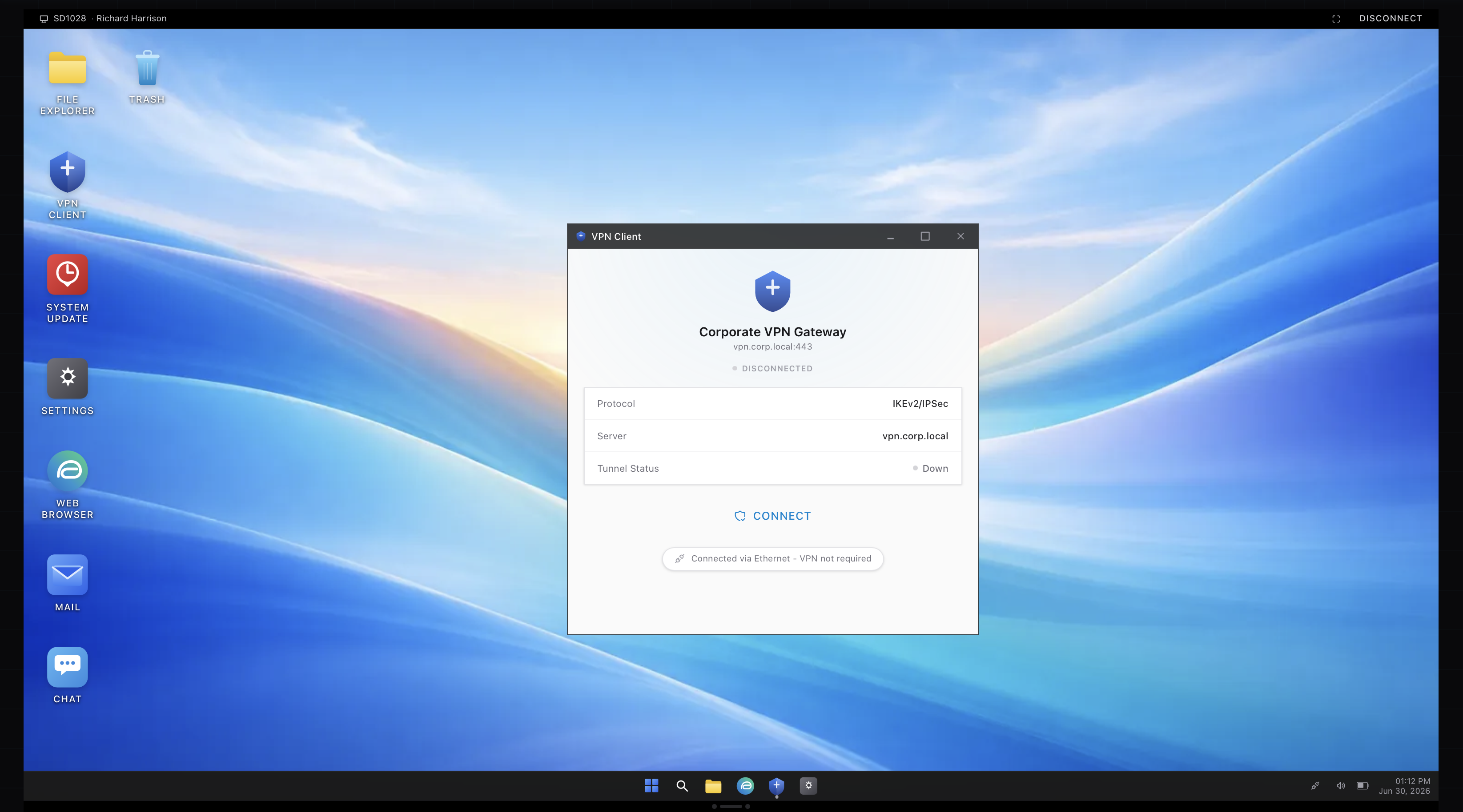 The VPN client in a remote desktop session in the ServiceDesk Simulator