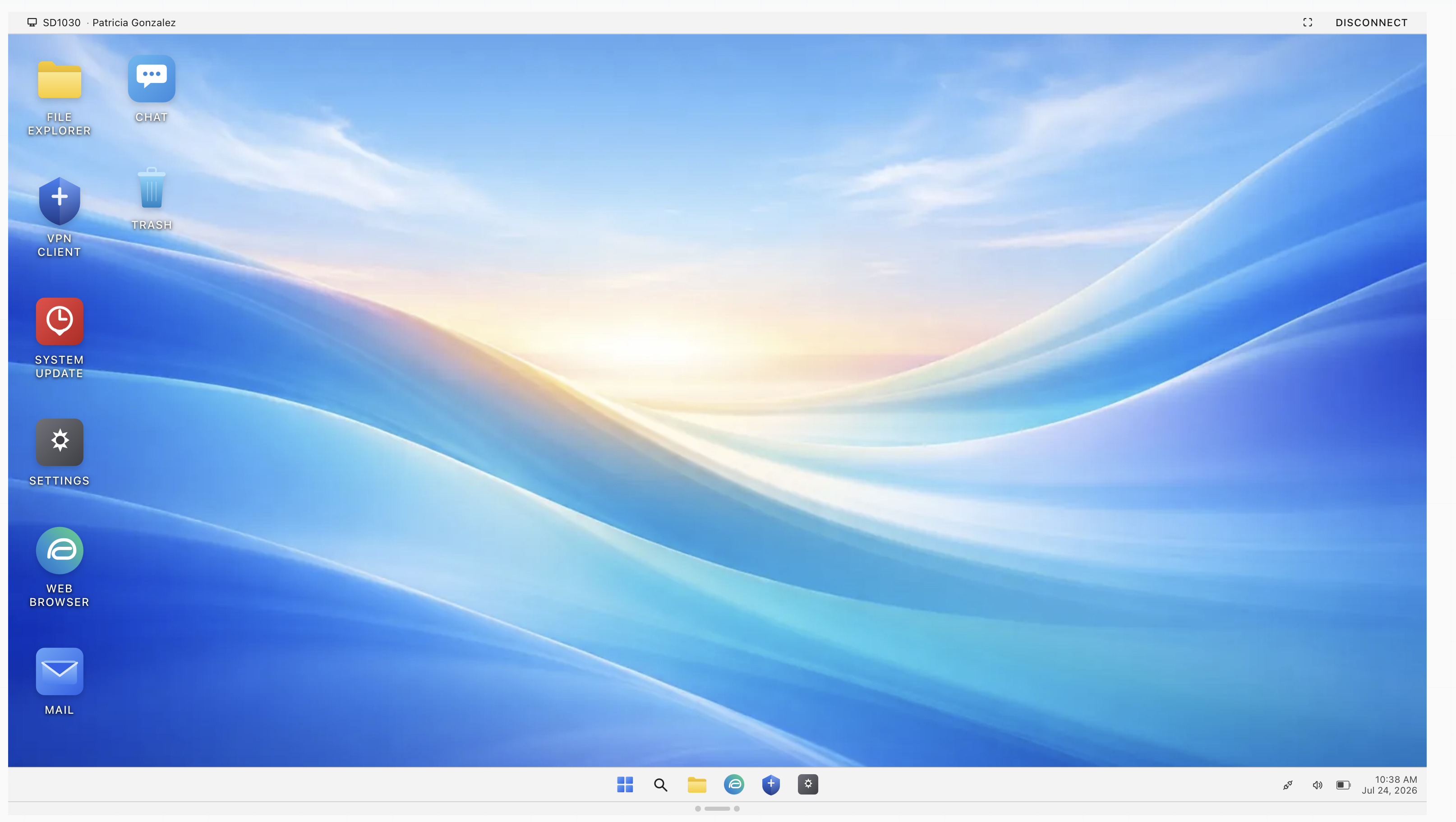 A freshly imaged Windows desktop on a remote workstation in the ServiceDesk Simulator