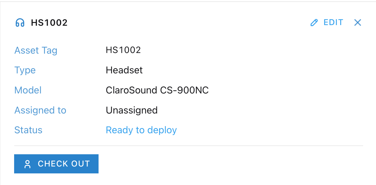 The record for asset HS1002, a ClaroSound CS-900NC headset, Assigned to Unassigned, Status Ready to deploy, with Edit and Check out controls.