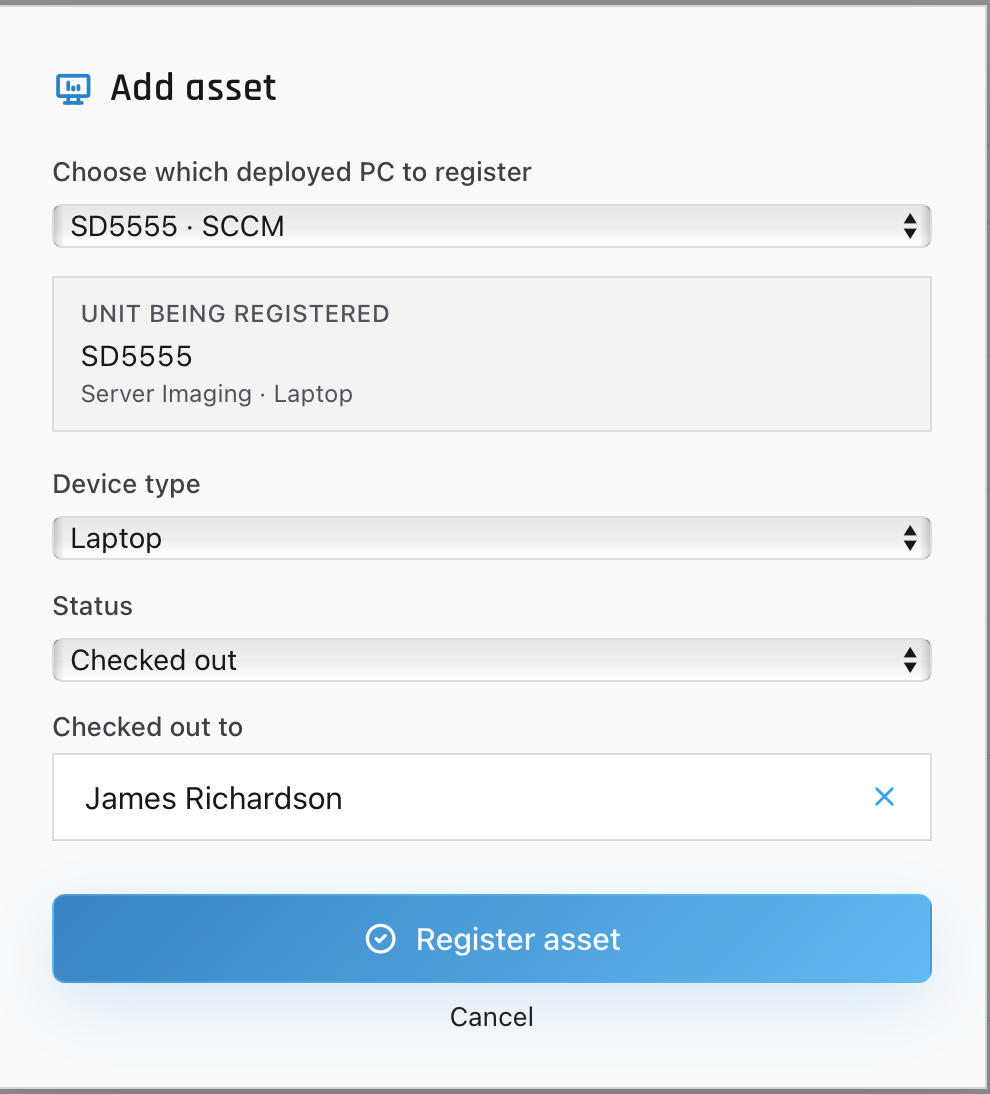The Add asset dialog registering unit SD5555 as a laptop with status Checked out to James Richardson.