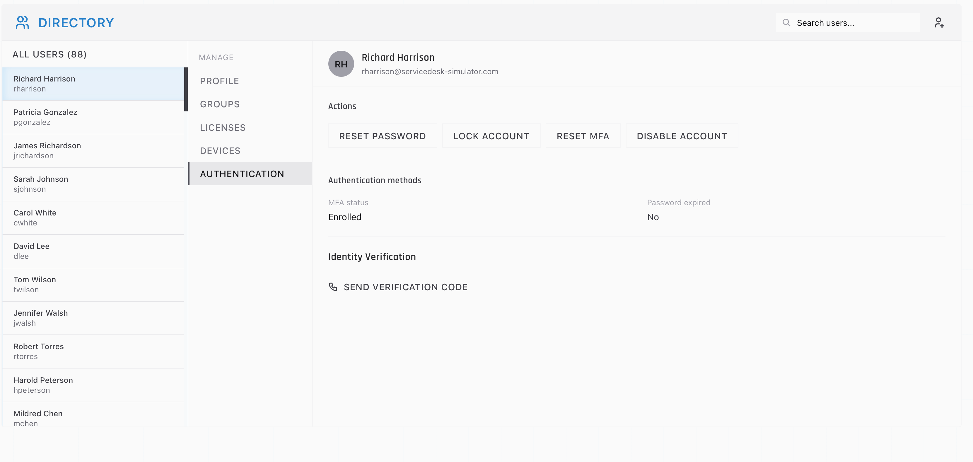 The Directory panel: a user list on the left, a Manage column of five tabs in the middle, and the Authentication tab of a selected record on the right.