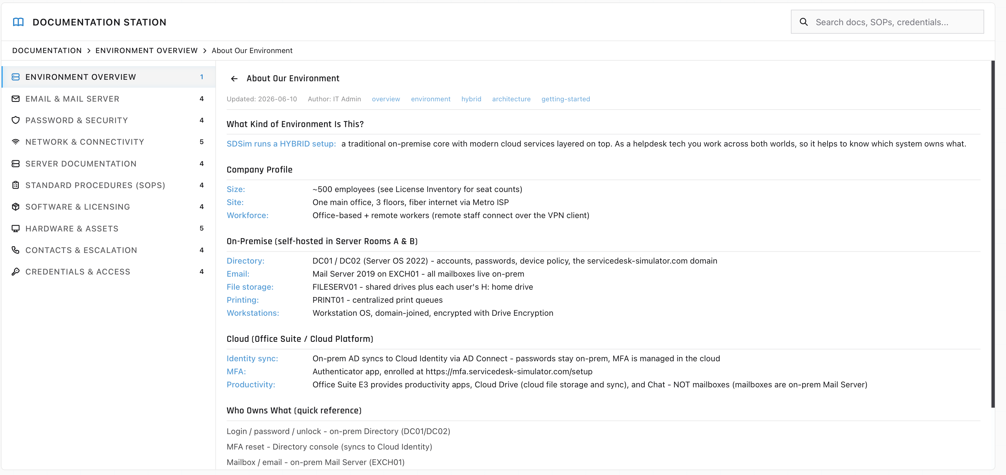The Documentation Station panel with the Environment Overview category open and the About Our Environment article showing.