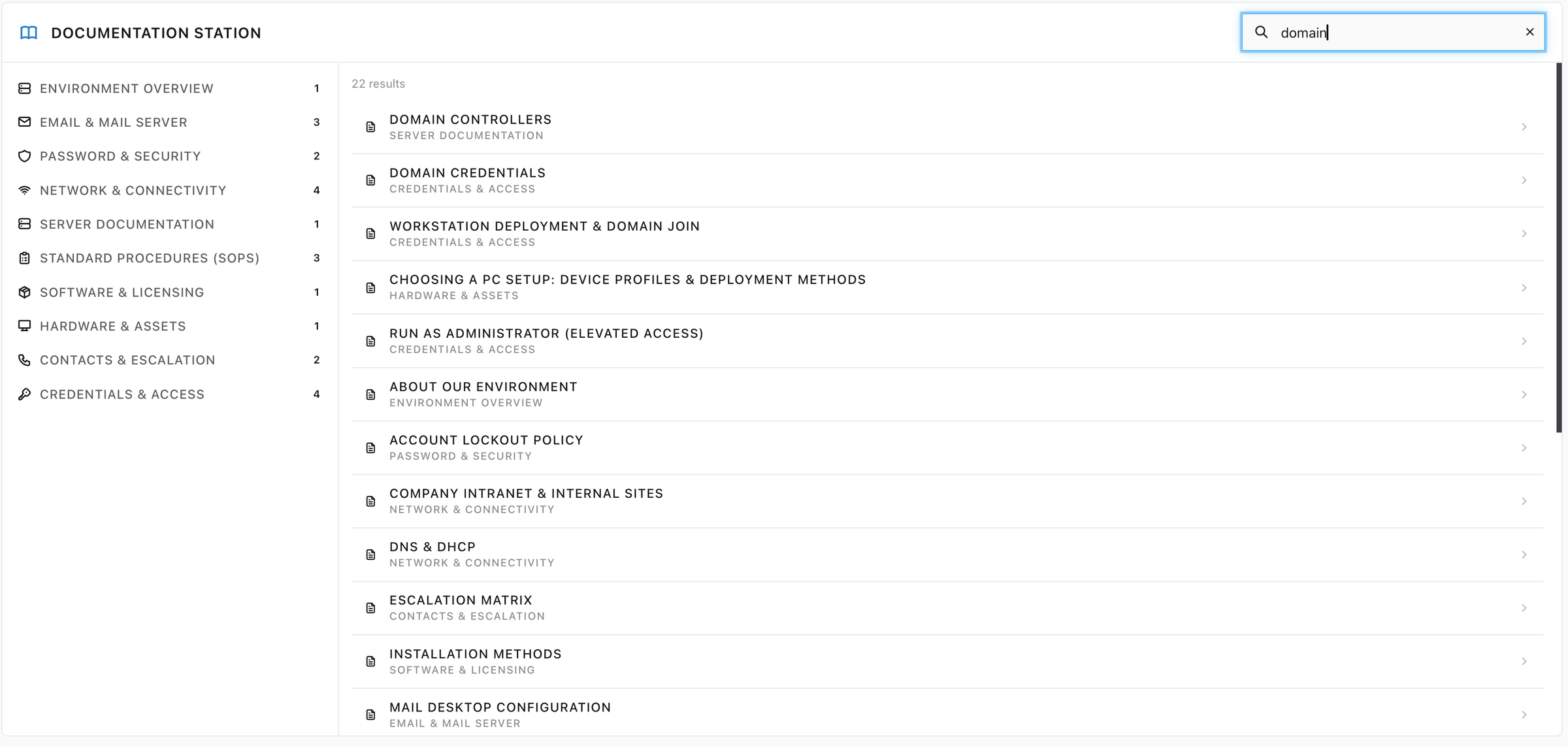 The Documentation Station with "domain" typed into search, returning 22 results across categories such as Server Documentation and Credentials and Access.