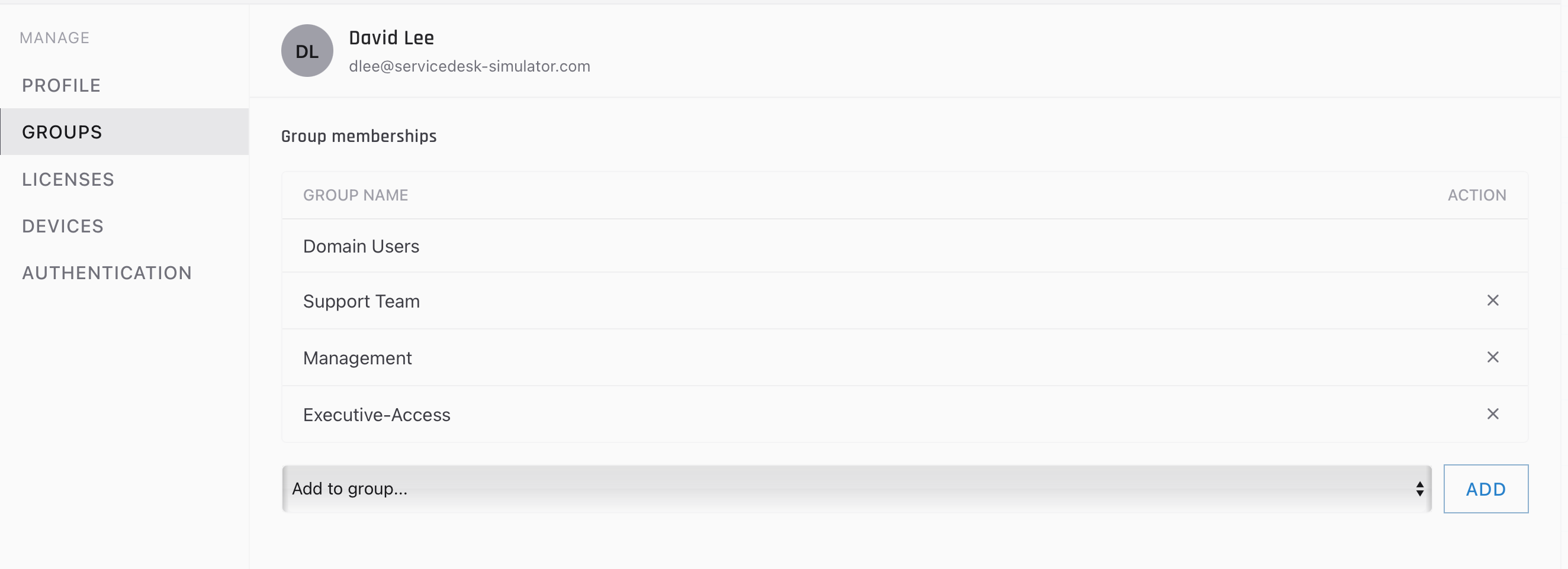 The Groups tab of a Directory record, listing Domain Users, Support Team, Management and Executive-Access with a remove control on all but the first.
