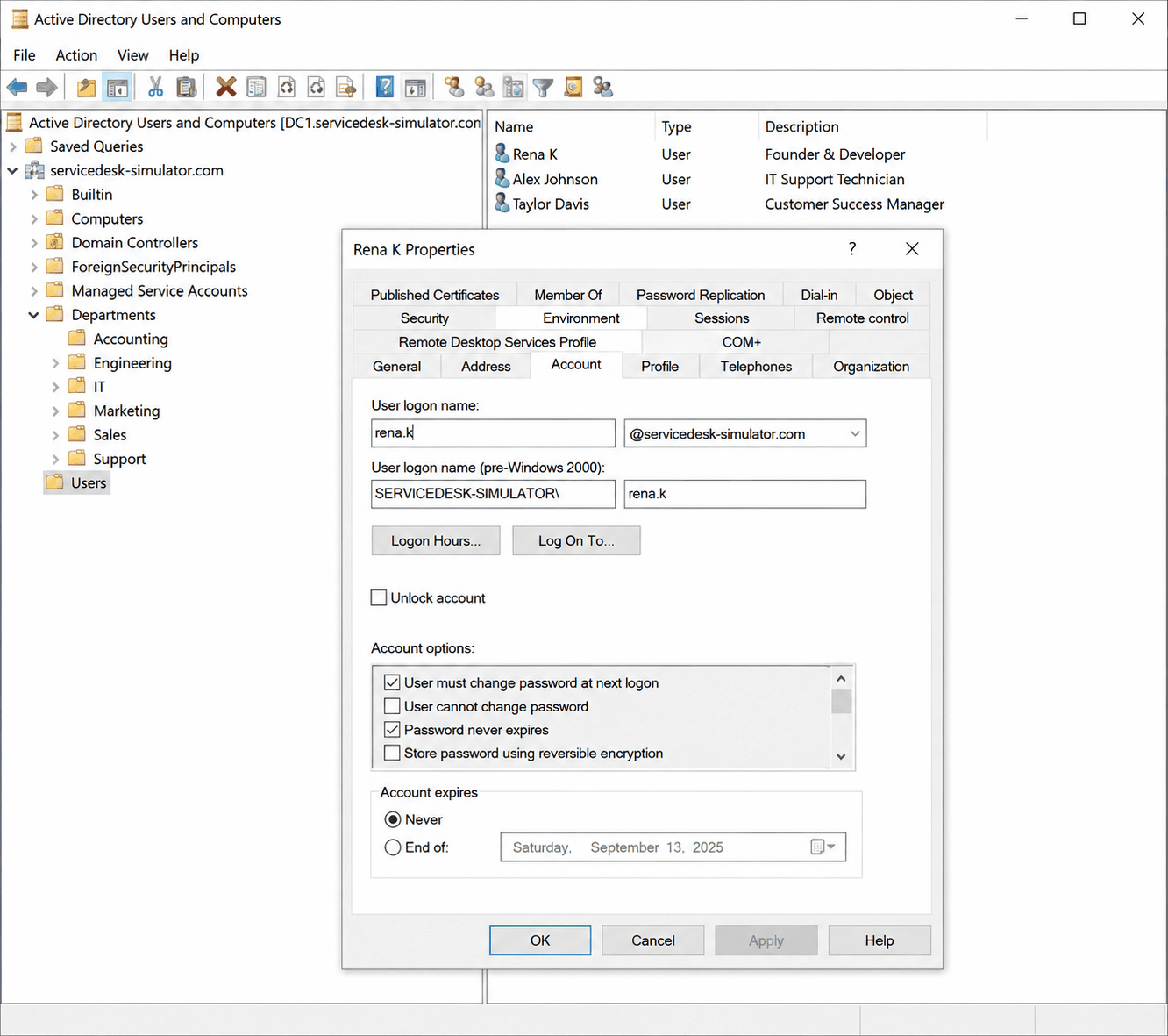 An illustration of the Active Directory Users and Computers console with a user Properties dialog open on the Account tab, showing the logon name fields and the account options checkboxes.