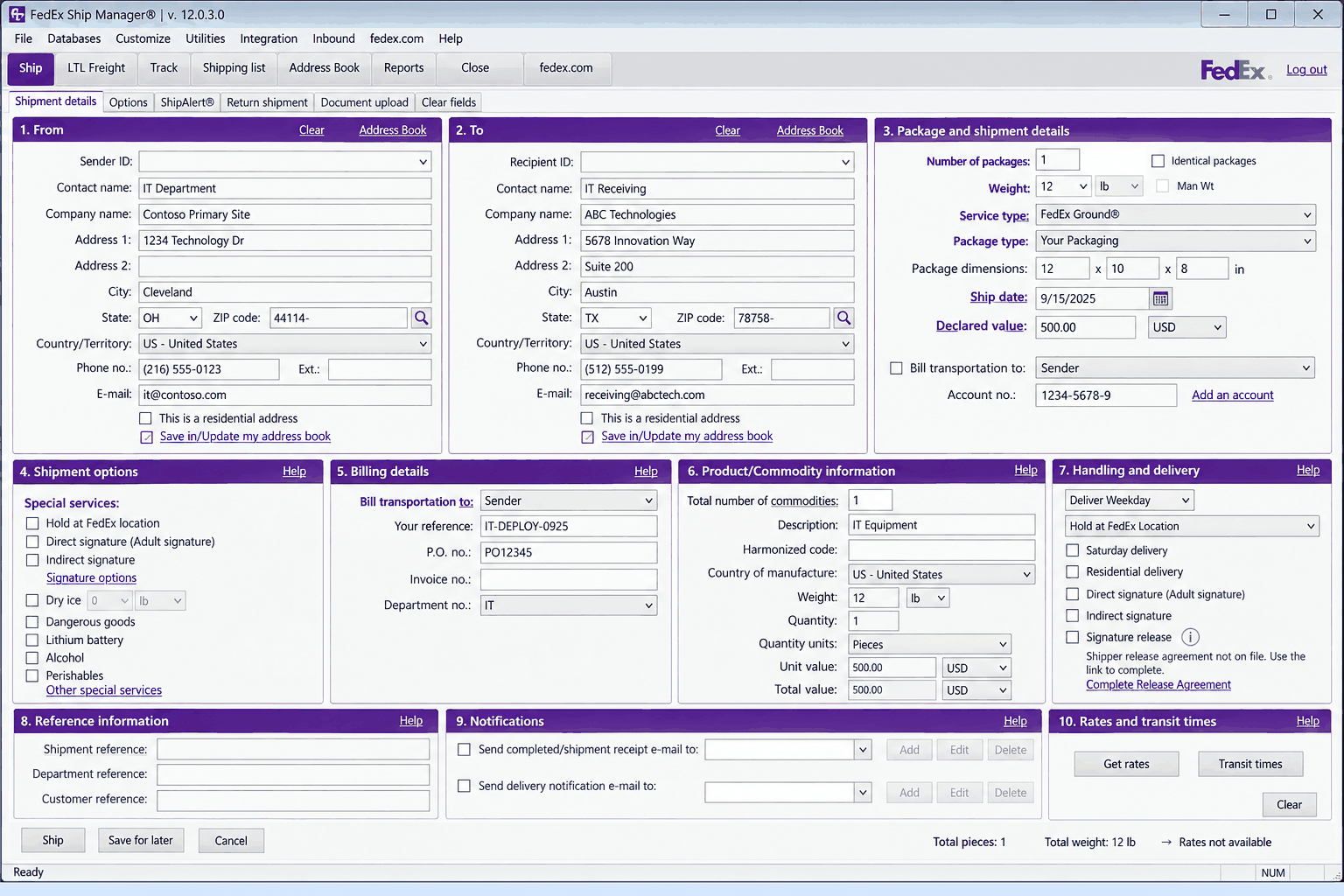 An illustration of a courier booking application: From and To address panels, a package and shipment details panel with number of packages, weight, service type, package type, dimensions, ship date and declared value, and further panels for shipment options, billing details, commodity information, handling and delivery, reference information and notifications.