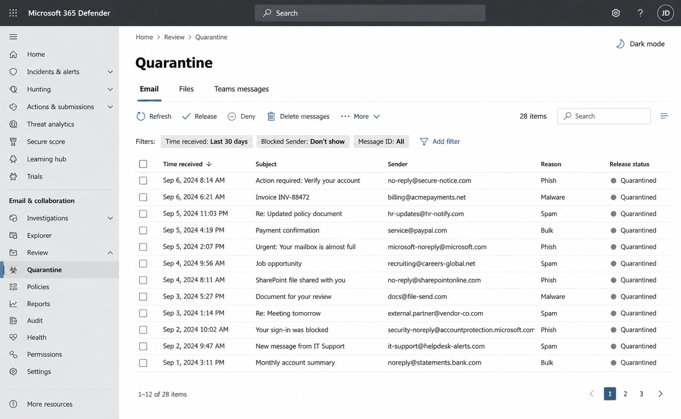 An illustration of a mail security console showing a quarantine page: a list of held messages with the time received, subject, sender, a reason column reading Phish, Malware, Spam or Bulk, and a release status of Quarantined on every row, above a toolbar offering Refresh, Release, Deny and Delete messages.