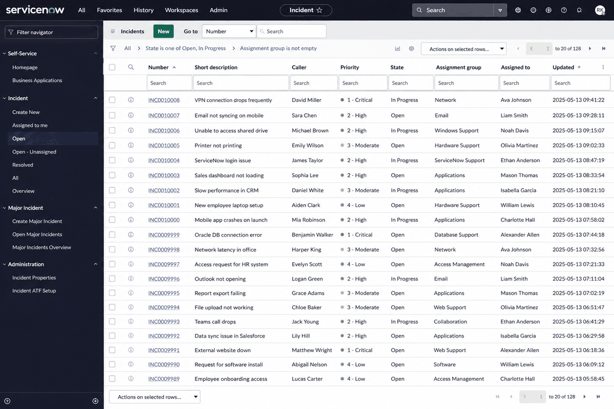 An illustration of a ServiceNow-style incident queue listing twenty incidents with their number, caller, priority, state and assignment group.