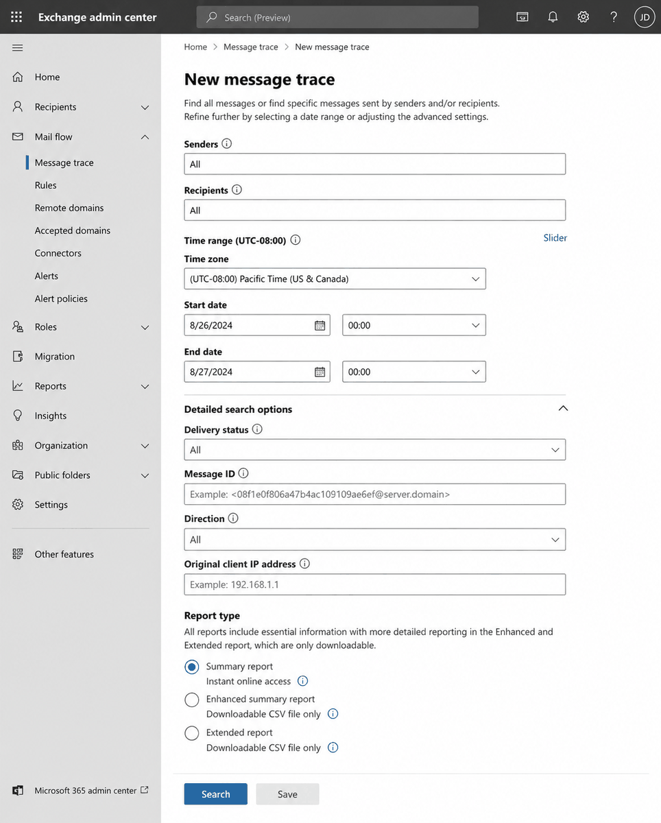An illustration of a message trace form with fields for senders, recipients, a date range, delivery status, message ID and report type.