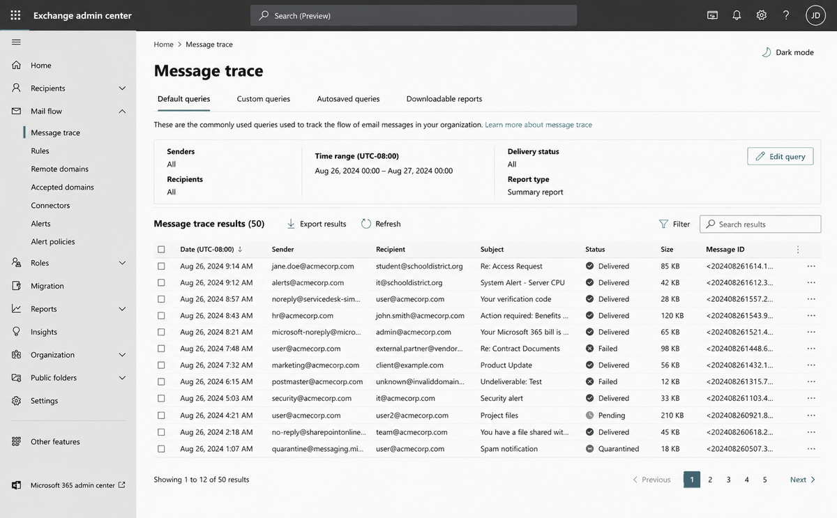 An illustration of message trace results listing messages by date, sender, recipient and subject, each with a status of Delivered, Failed, Pending or Quarantined.