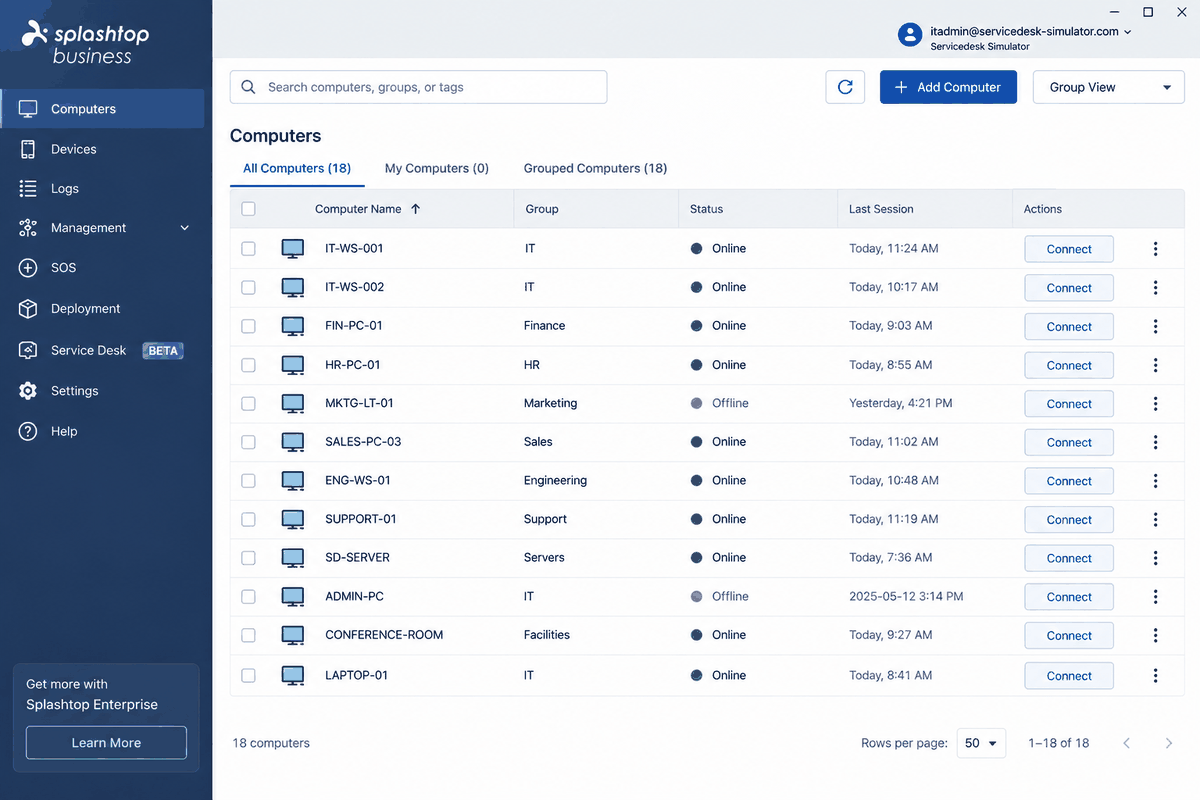 An illustration of a remote support console listing eighteen computers by name and group, with online status, last session time and a Connect button on each row.
