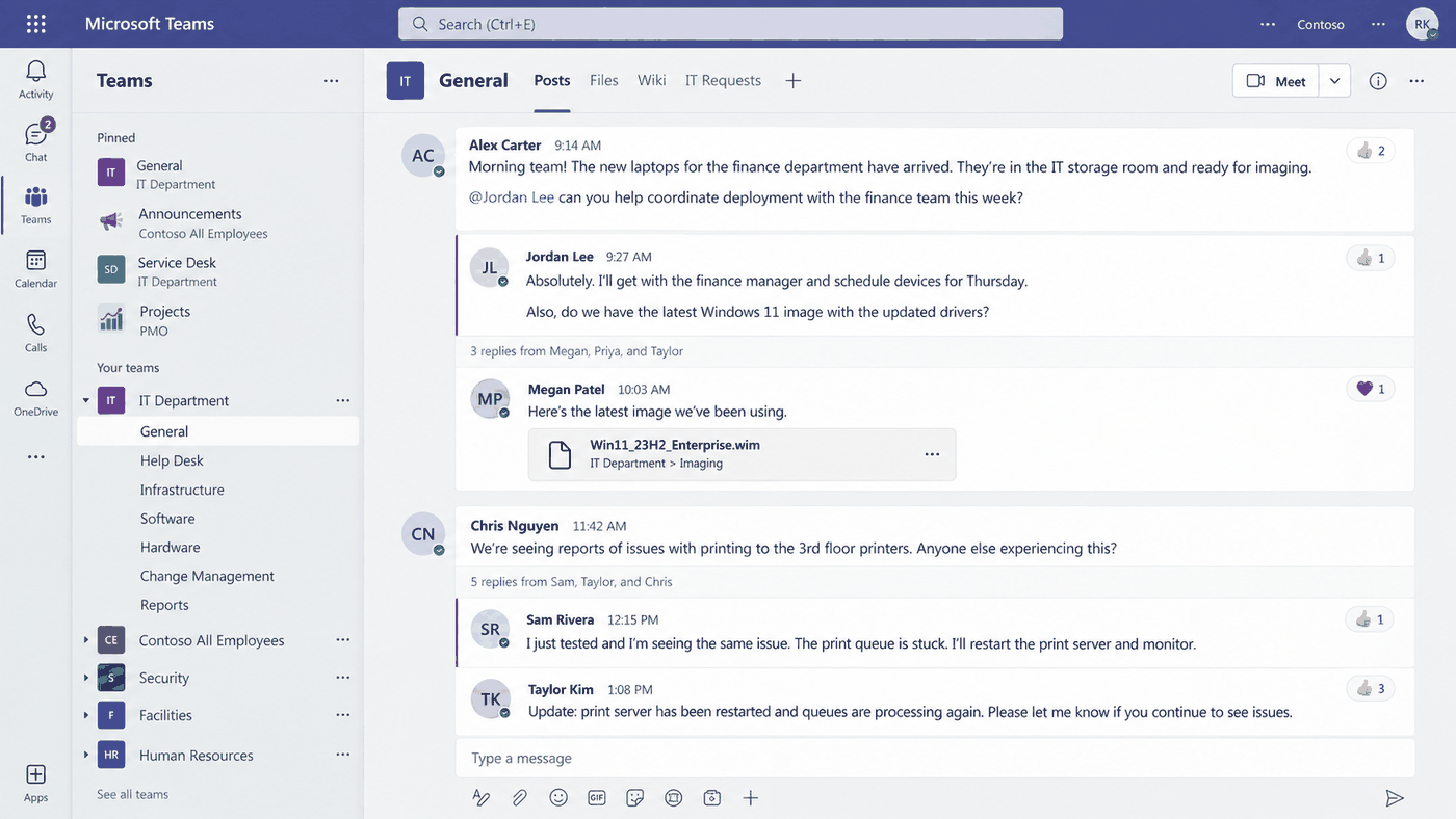 An illustration of a team chat workspace: a left rail listing pinned channels and an IT Department team expanded into General, Help Desk, Infrastructure, Software, Hardware, Change Management and Reports, beside a General channel showing posts with threaded replies, an at-mention, a shared file and reaction counts.