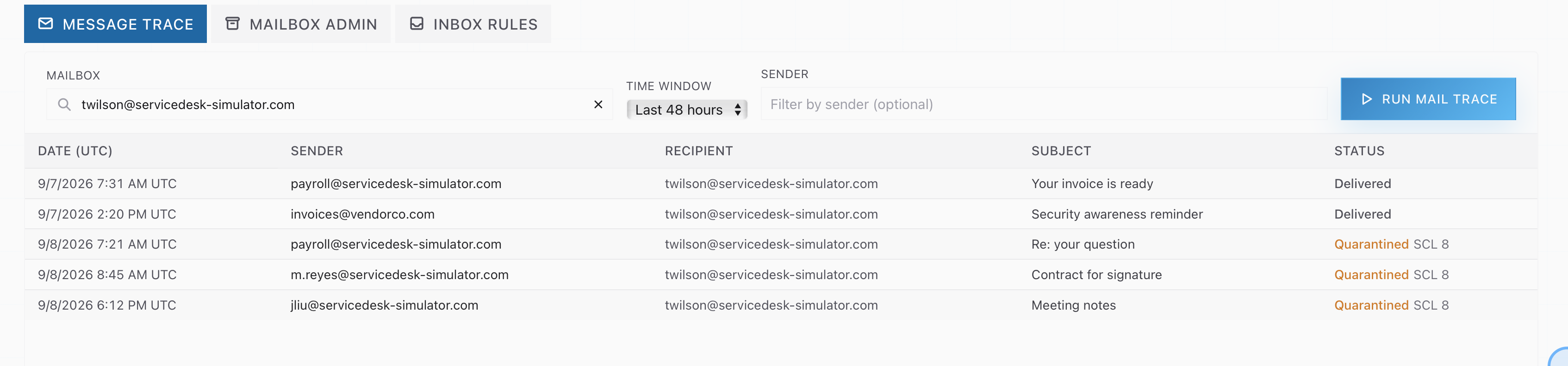 The Message Trace tab with a mailbox queried over the last 48 hours, listing five messages by date, sender, recipient and subject, two Delivered and three Quarantined at SCL 8