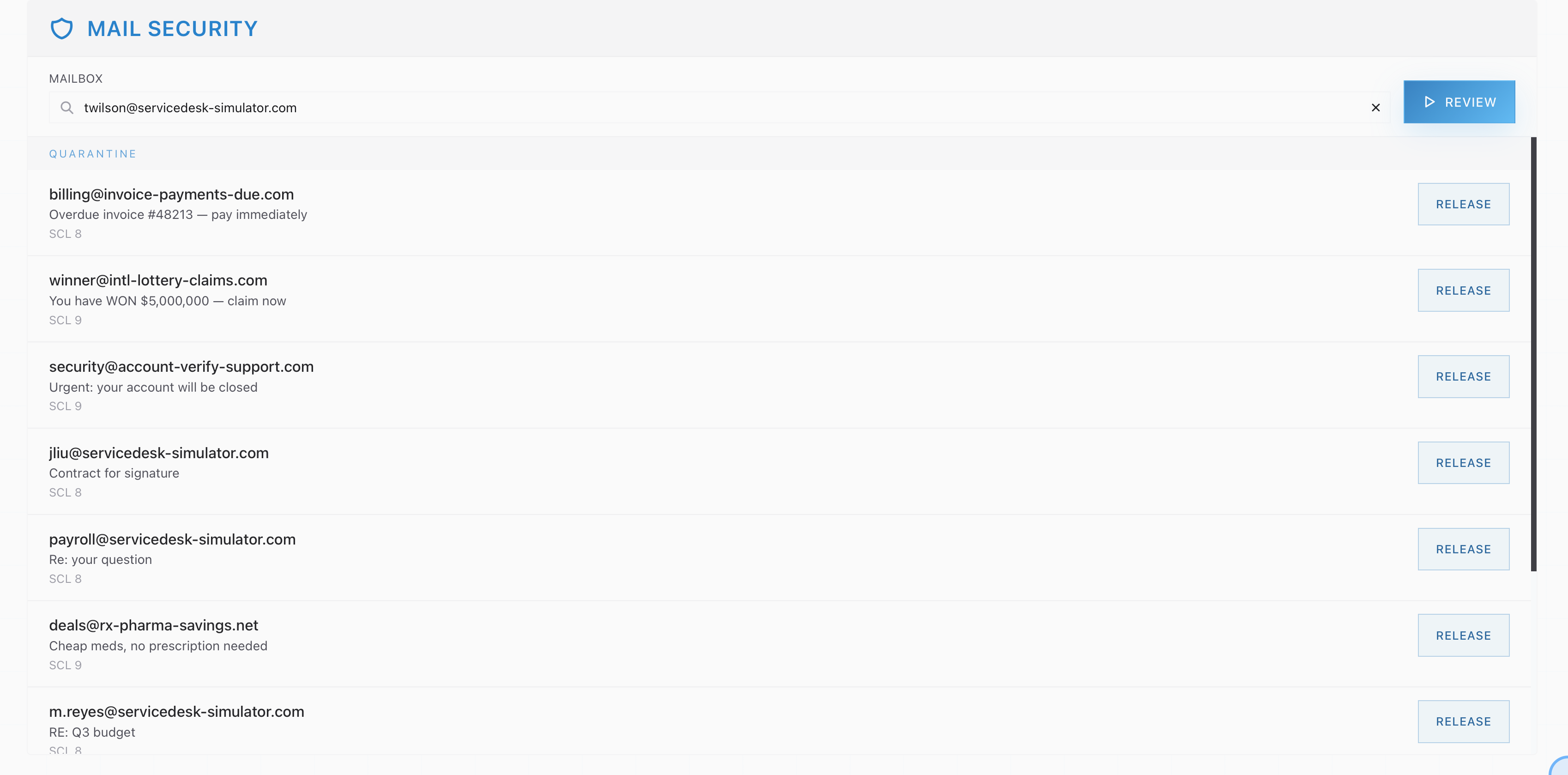 The Mail Security console after reviewing a mailbox, showing a quarantine list where obvious spam from outside domains sits alongside three messages from colleagues on the company domain