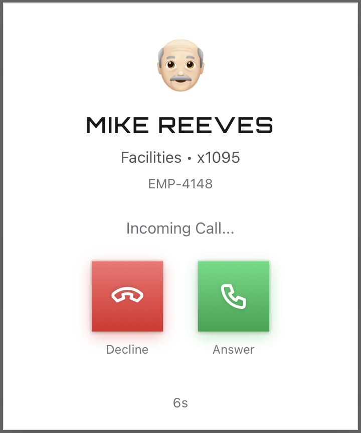 An incoming call card for Mike Reeves, Facilities, extension x1095, employee EMP-4148, reading Incoming Call with Decline and Answer buttons and a counter at 6s.