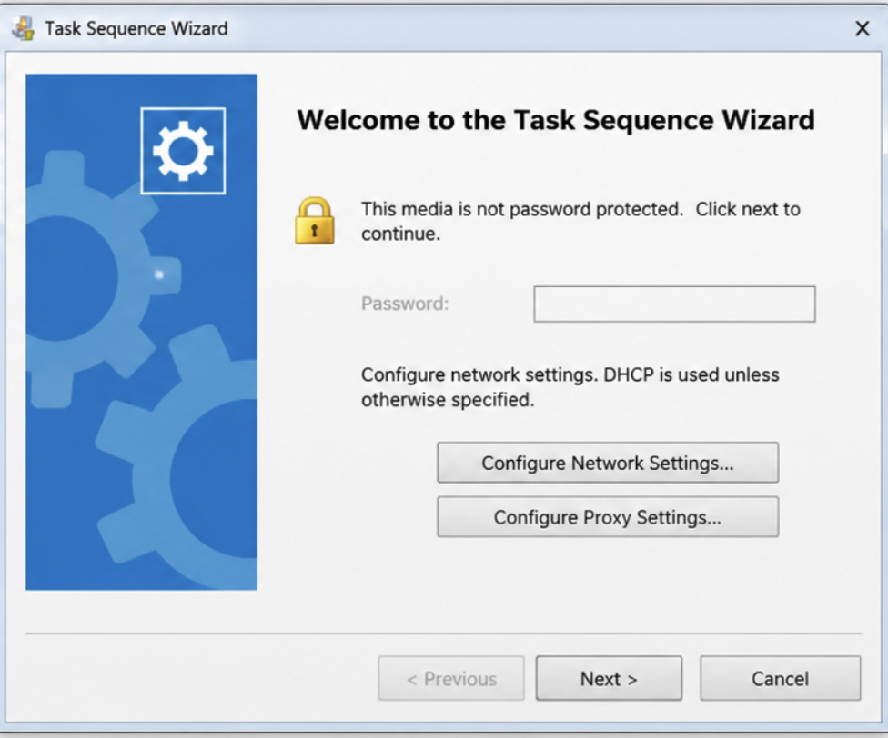 The Configuration Manager Task Sequence Wizard on a machine booted from imaging media, headed "Welcome to the Task Sequence Wizard", with the line "This media is not password protected", an empty Password field, buttons for Configure Network Settings and Configure Proxy Settings, and Previous, Next and Cancel along the bottom.