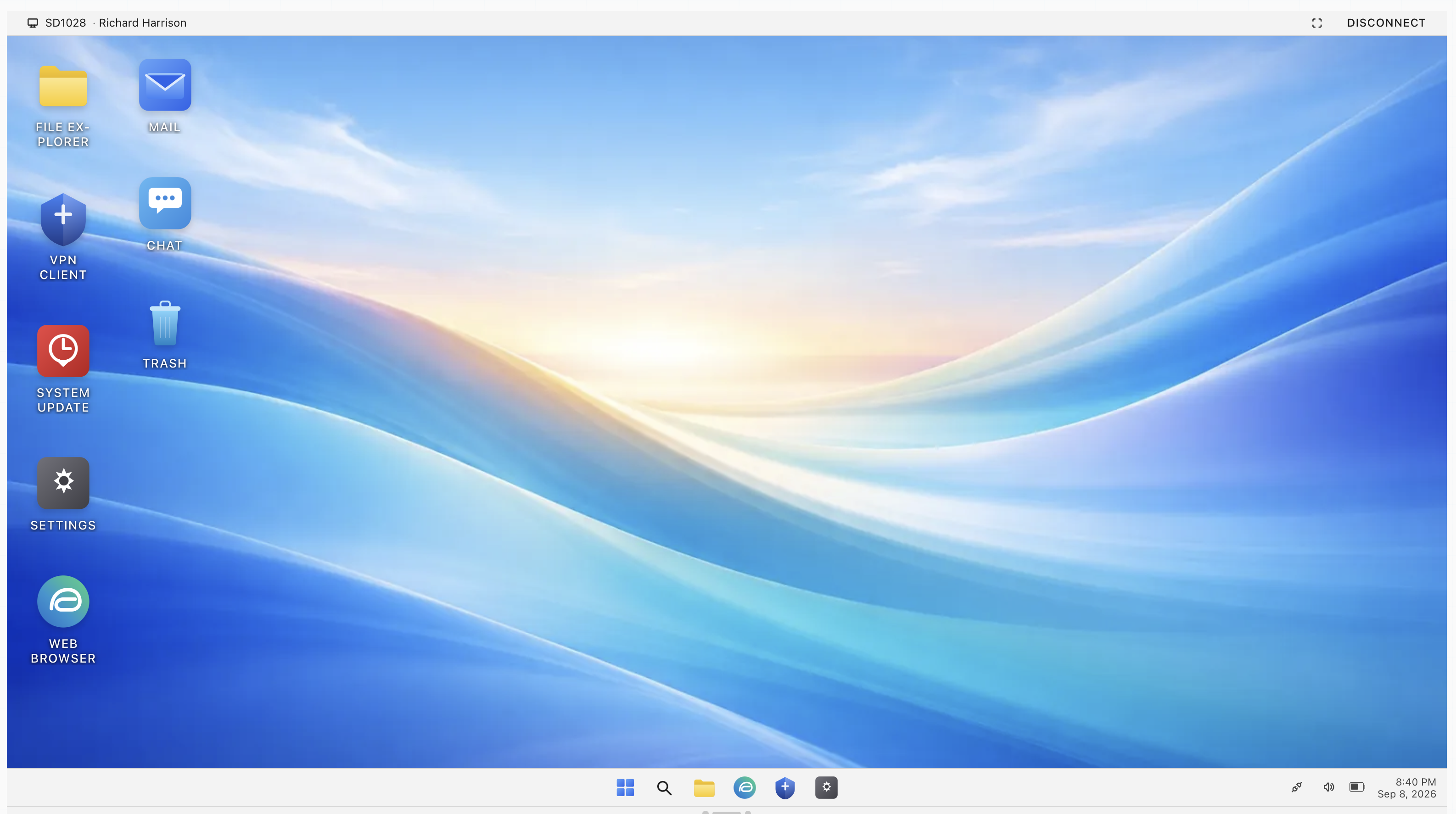 The simulated Workstation OS desktop with File Explorer, Mail, VPN Client, Chat, System Update, Trash, Settings and Web Browser icons, a taskbar and a clock.