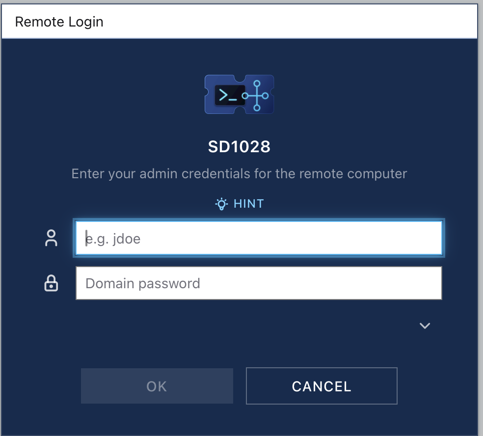The remote login dialog for machine SD1028, asking for a username and a domain password.