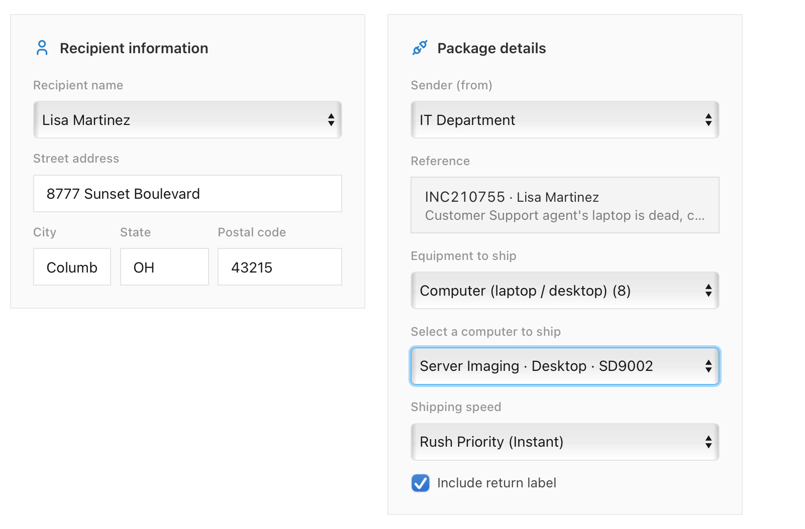The Ship Manager form filled in for Lisa Martinez, with the recipient address, the linked ticket INC210755, the selected computer and Rush Priority shipping.